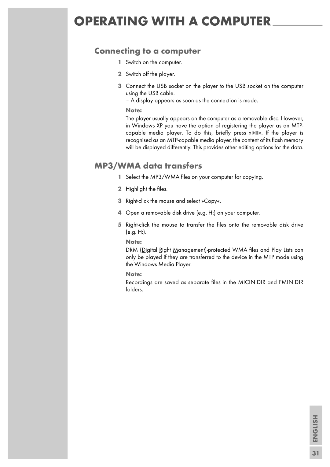 Grundig MPixx 2400, MPixx 2200, MPixx 2000 series manual Connecting to a computer, MP3/WMA data transfers 