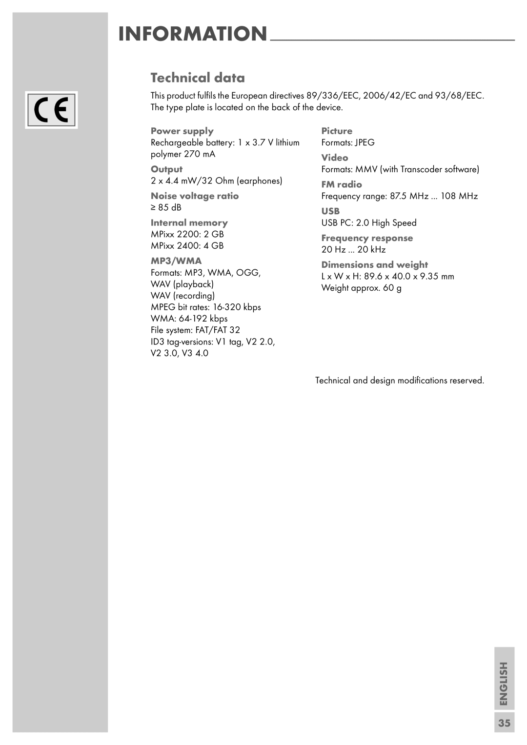 Grundig MPixx 2000 series, MPixx 2200, MPixx 2400 manual Technical data, MP3/WMA 