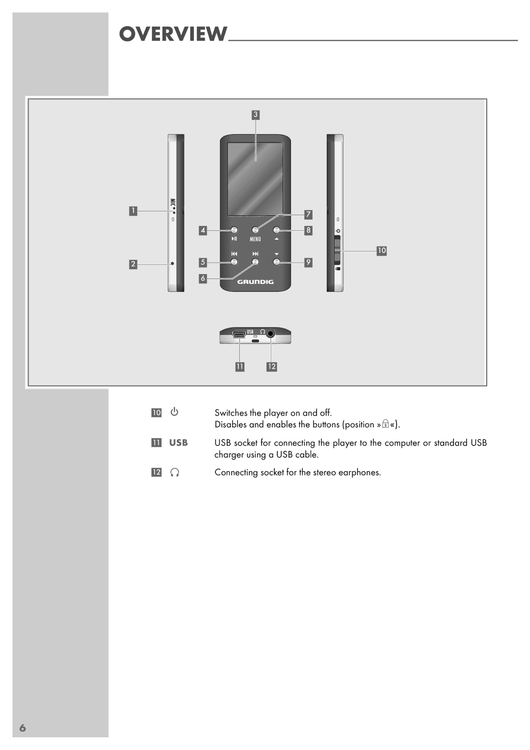 Grundig MPixx 2200, MPixx 2400, MPixx 2000 series manual Switches the player on and oﬀ 