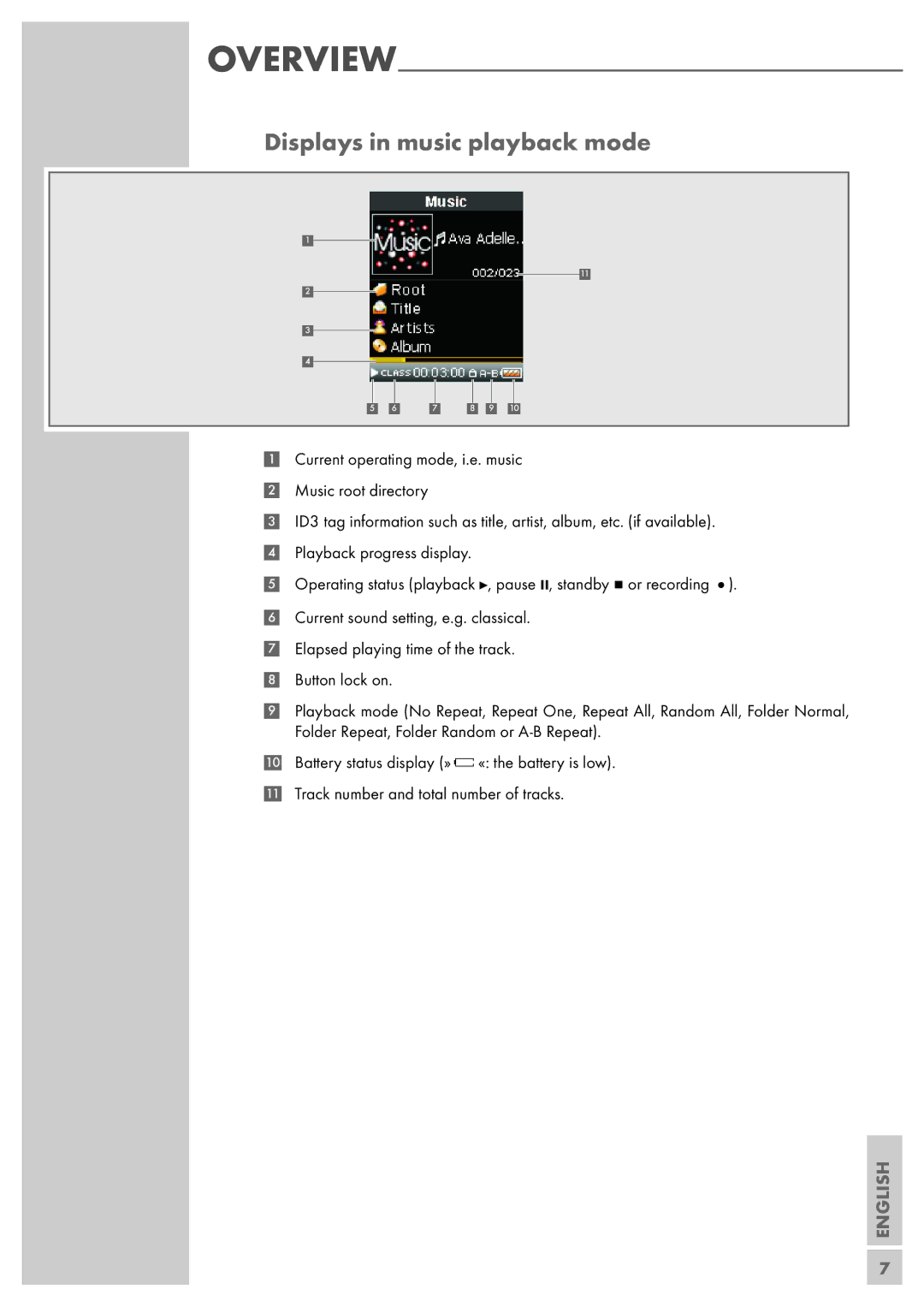 Grundig MPixx 2400, MPixx 2200, MPixx 2000 series manual Displays in music playback mode 