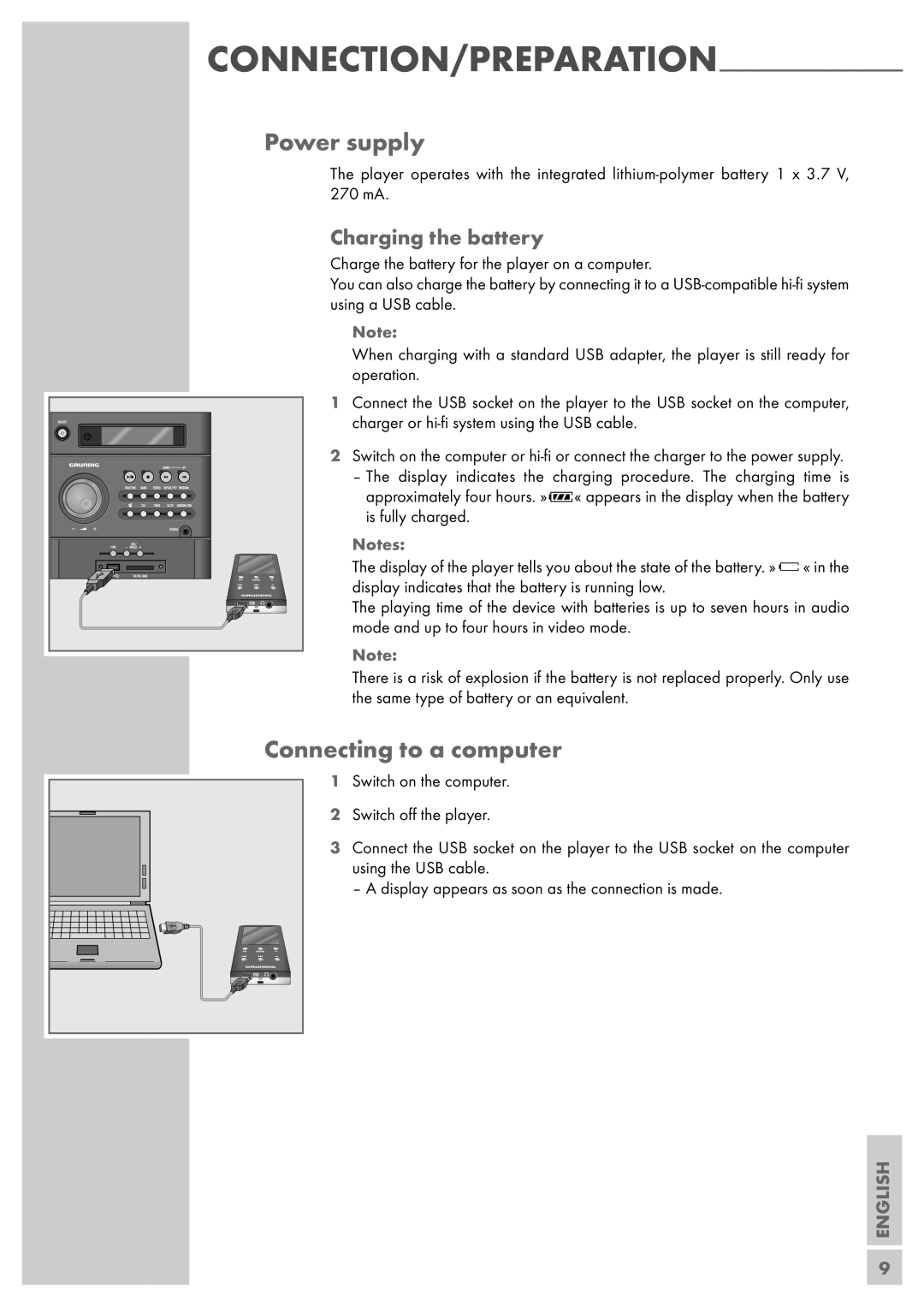 Grundig MPixx 2200, MPixx 2400, MPixx 2000 series manual Power supply, Connecting to a computer, Charging the battery 