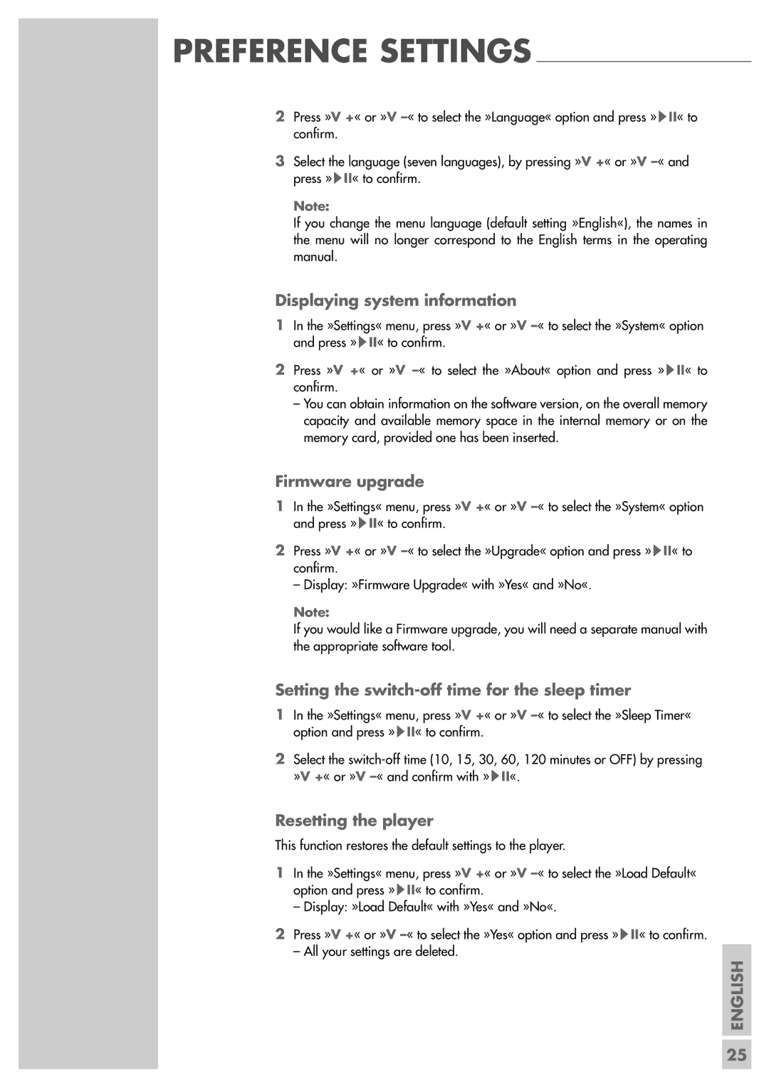 Grundig MPixx 4100 manual Displaying system information, Firmware upgrade, Setting the switch-off time for the sleep timer 