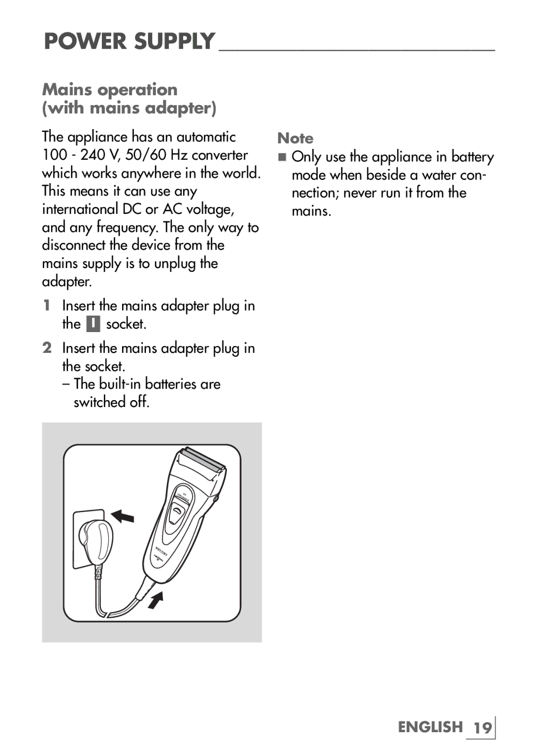 Grundig MS 7540, MS 3540 manual Mains operation with mains adapter 