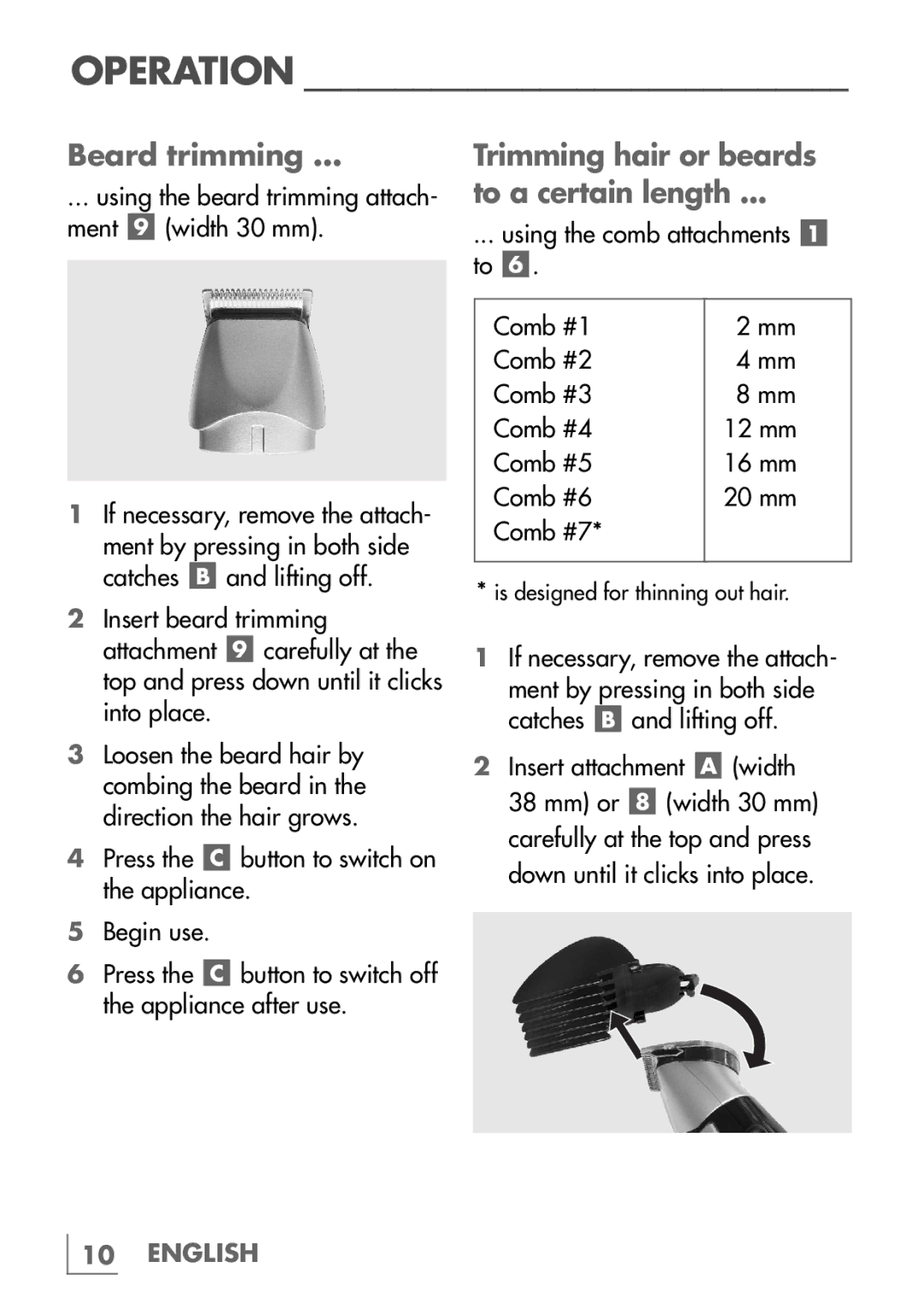 Grundig MT 6741 manual Beard trimming, Trimming hair or beards To a certain length 