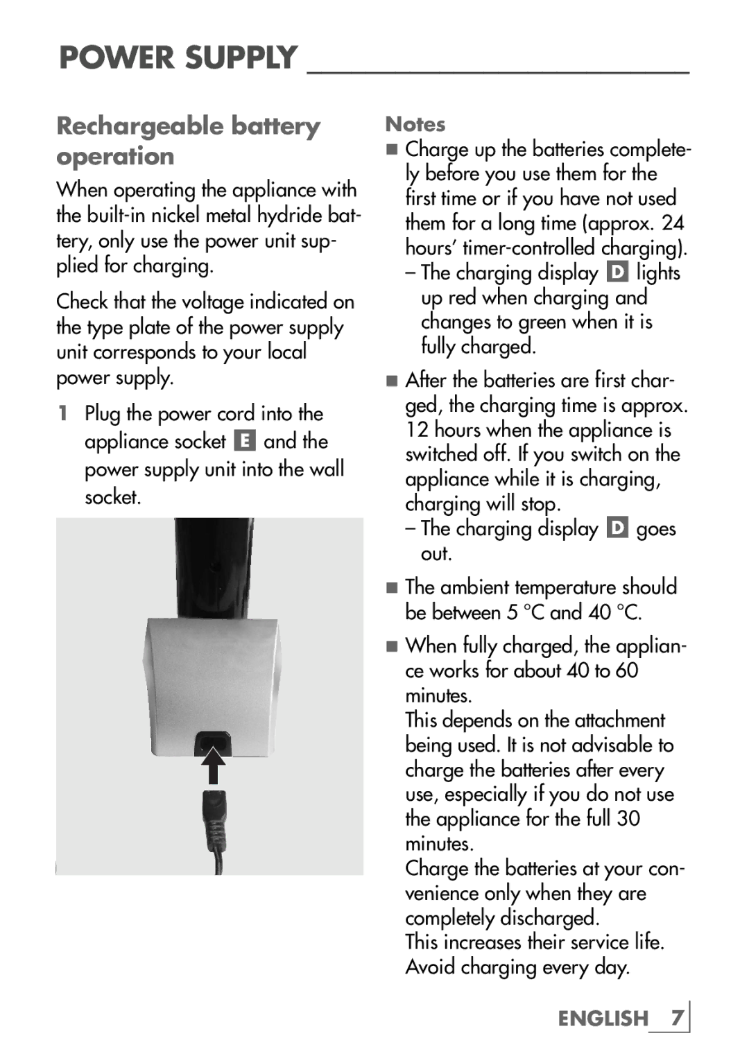 Grundig MT 6741 manual Power Supply, Rechargeable battery operation 