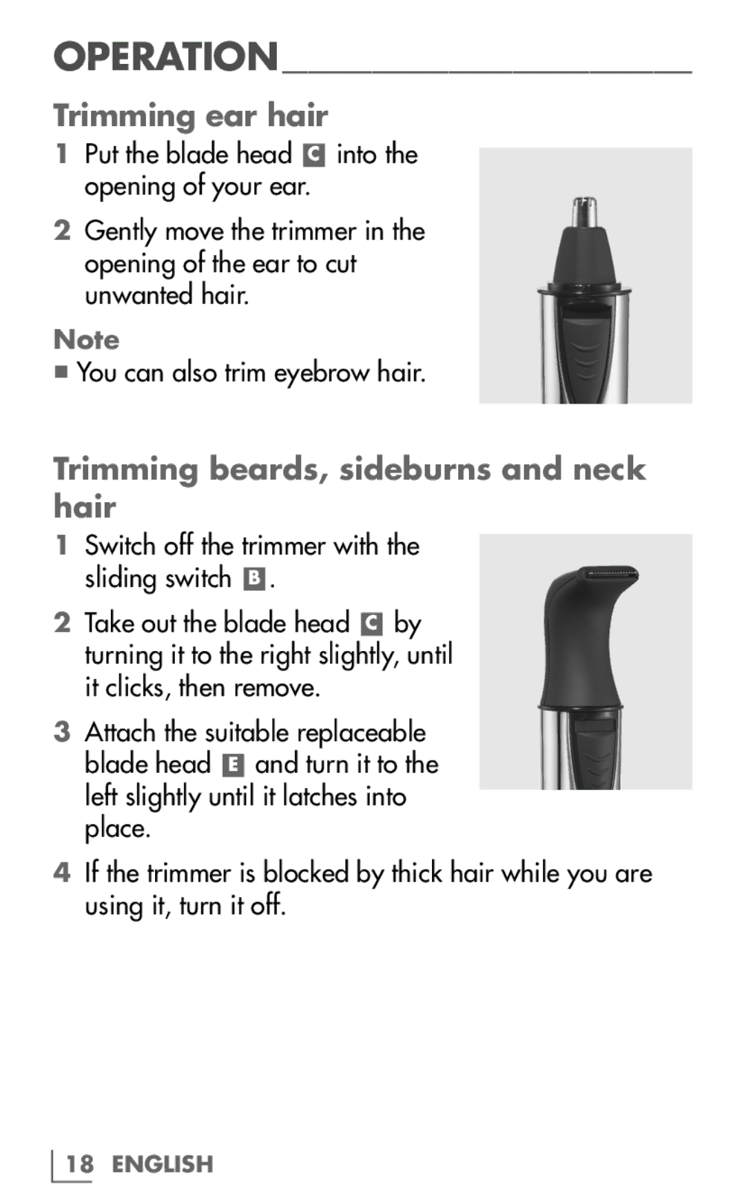 Grundig MT 9610 manual Trimming ear hair, Trimming beards, sideburns and neck hair 