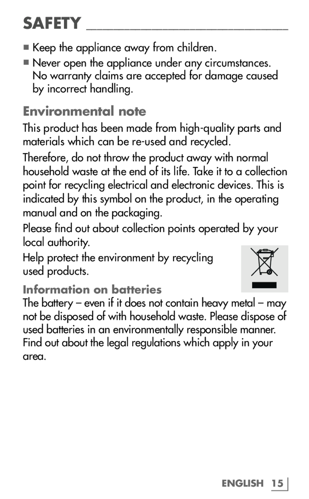 Grundig MT 9610 manual Environmental note, Information on batteries 