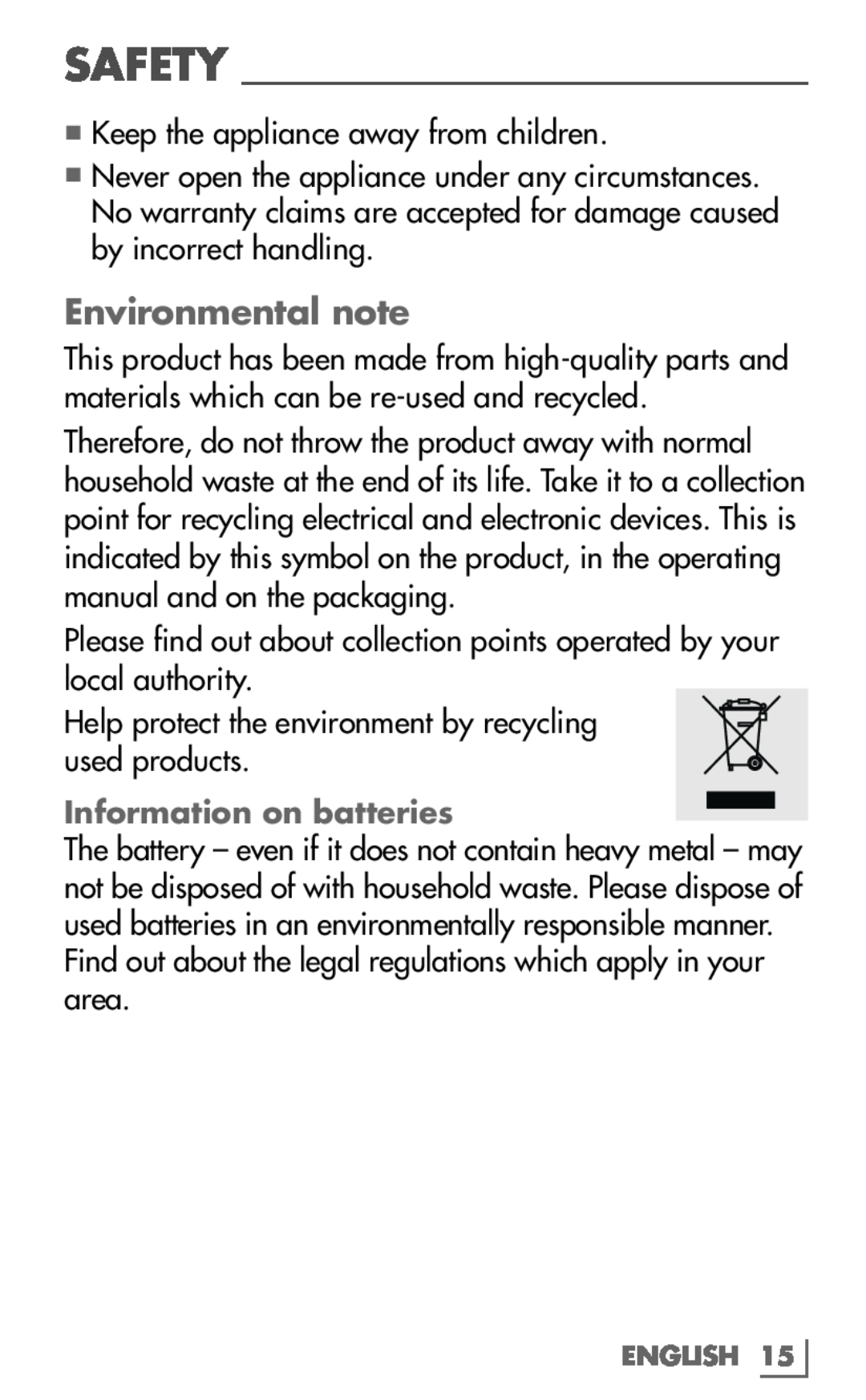Grundig MT 9610 manual Environmental note, Information on batteries, Safety 