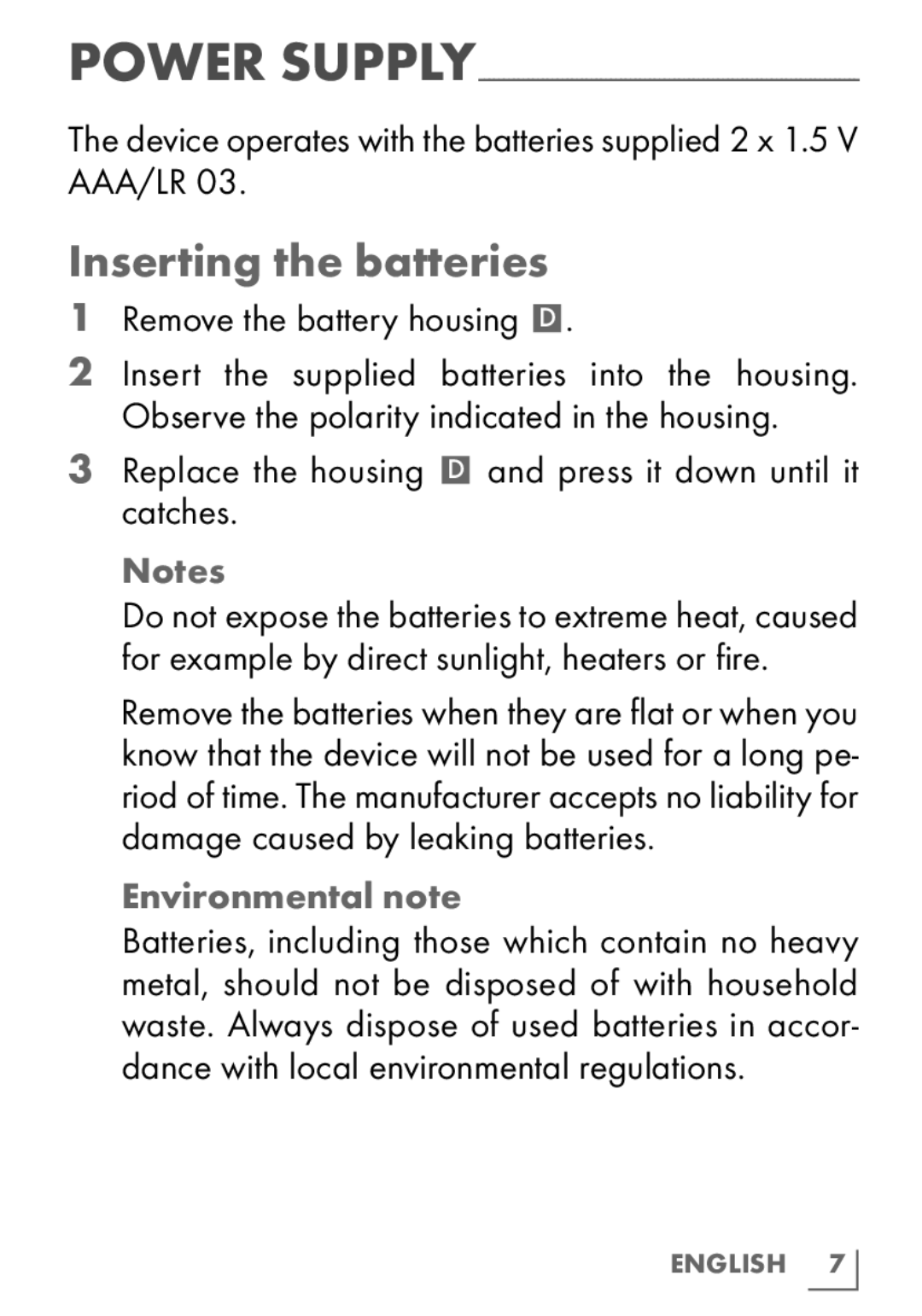 Grundig MT5910 manual Inserting the batteries, Remove the battery housing D 