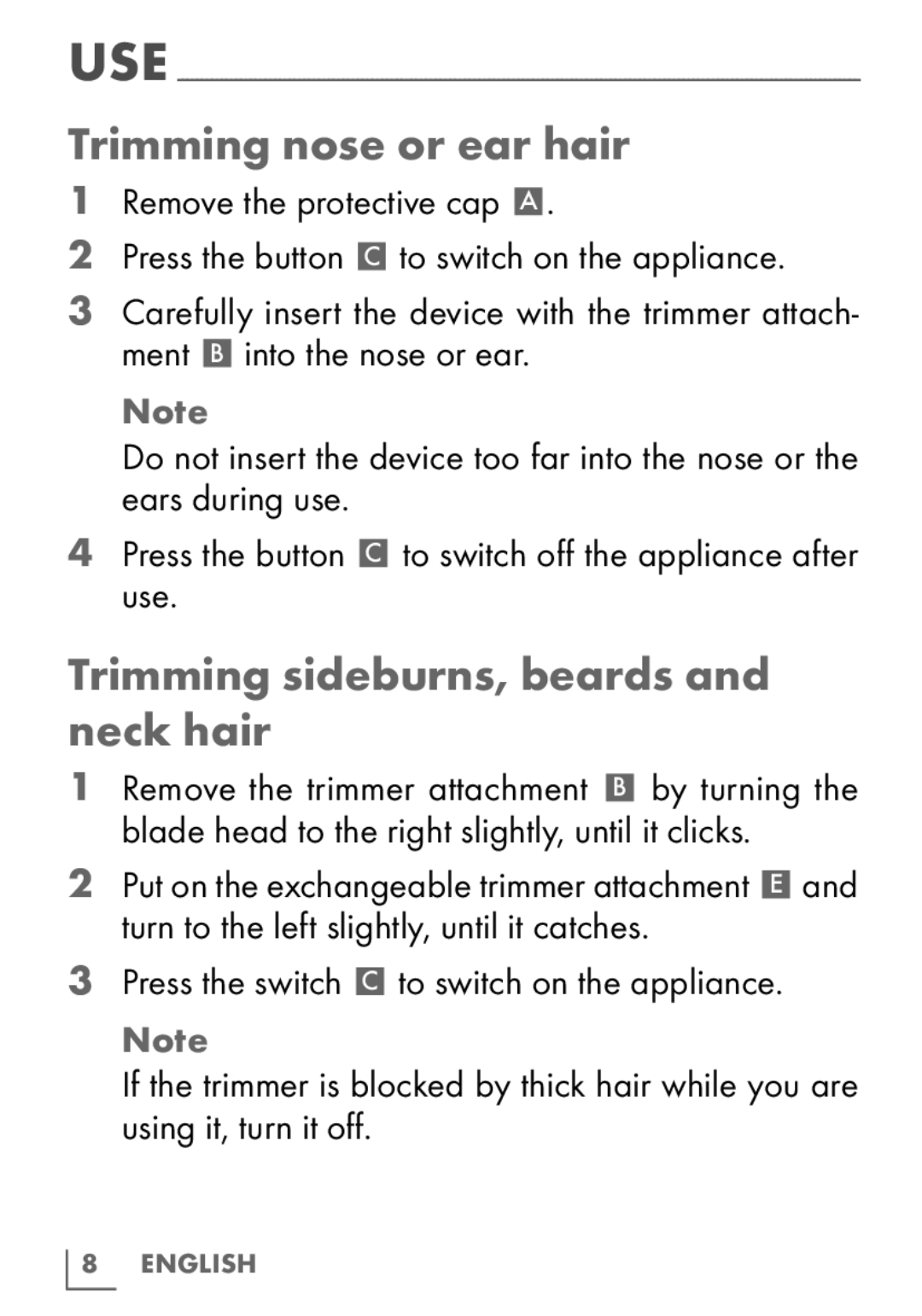 Grundig MT5910 manual Trimming nose or ear hair, Trimming sideburns, beards and neck hair 