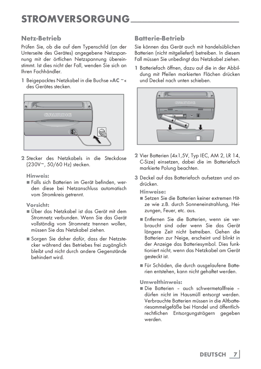 Grundig Music 51 DAB+ manual Netz-Betrieb Batterie-Betrieb, Stromversorgung, Ihren Fachhändler, Hinweis, Vorsicht 