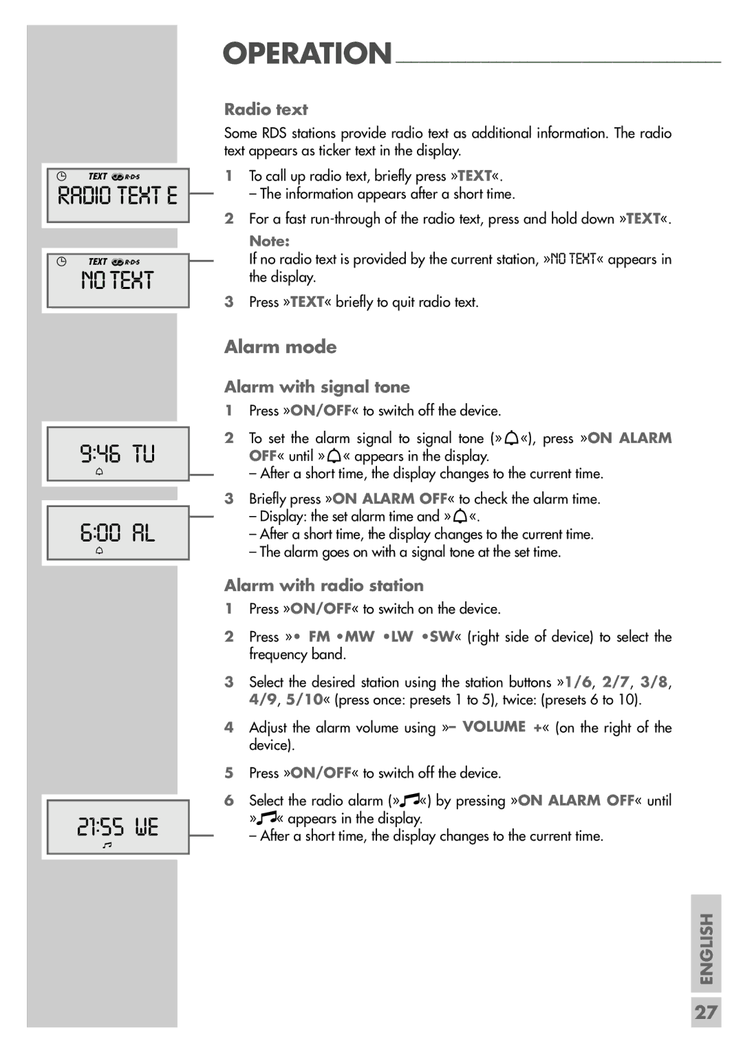 Grundig Music Boy 71 manual No Text, 946 TU 600 AL 2155 WE, Alarm mode 