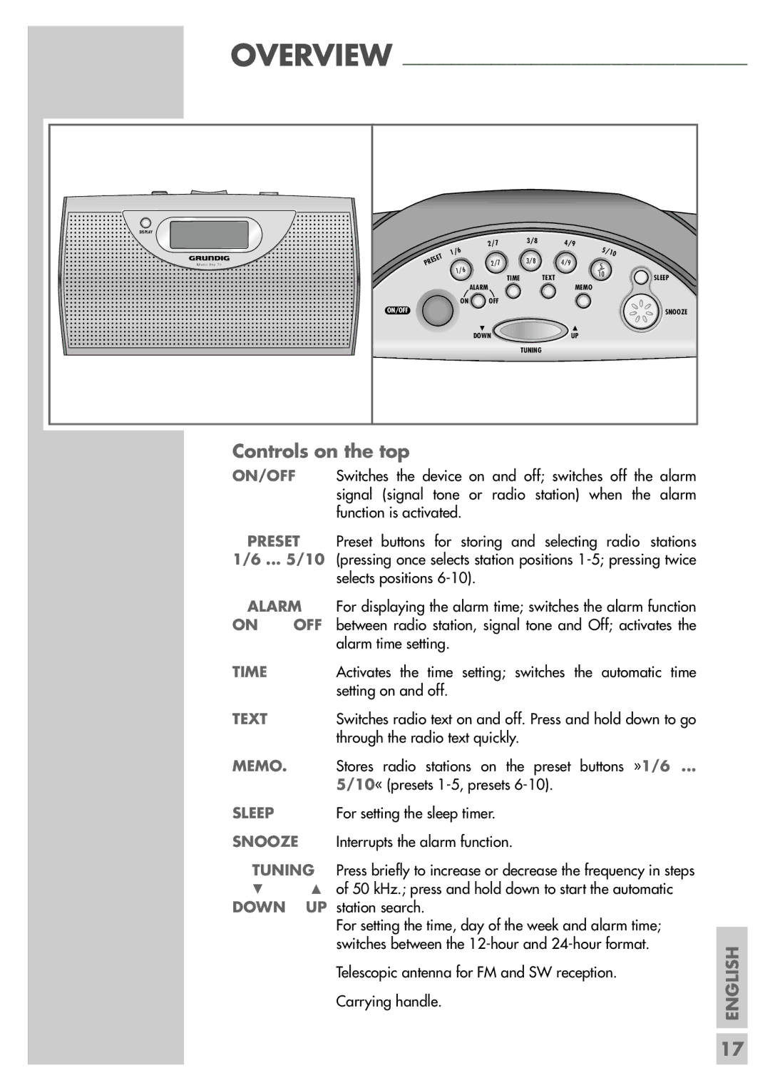 Grundig Music Boy 71 manual Controls on the top, Sleep Snooze Tuning Down UP 