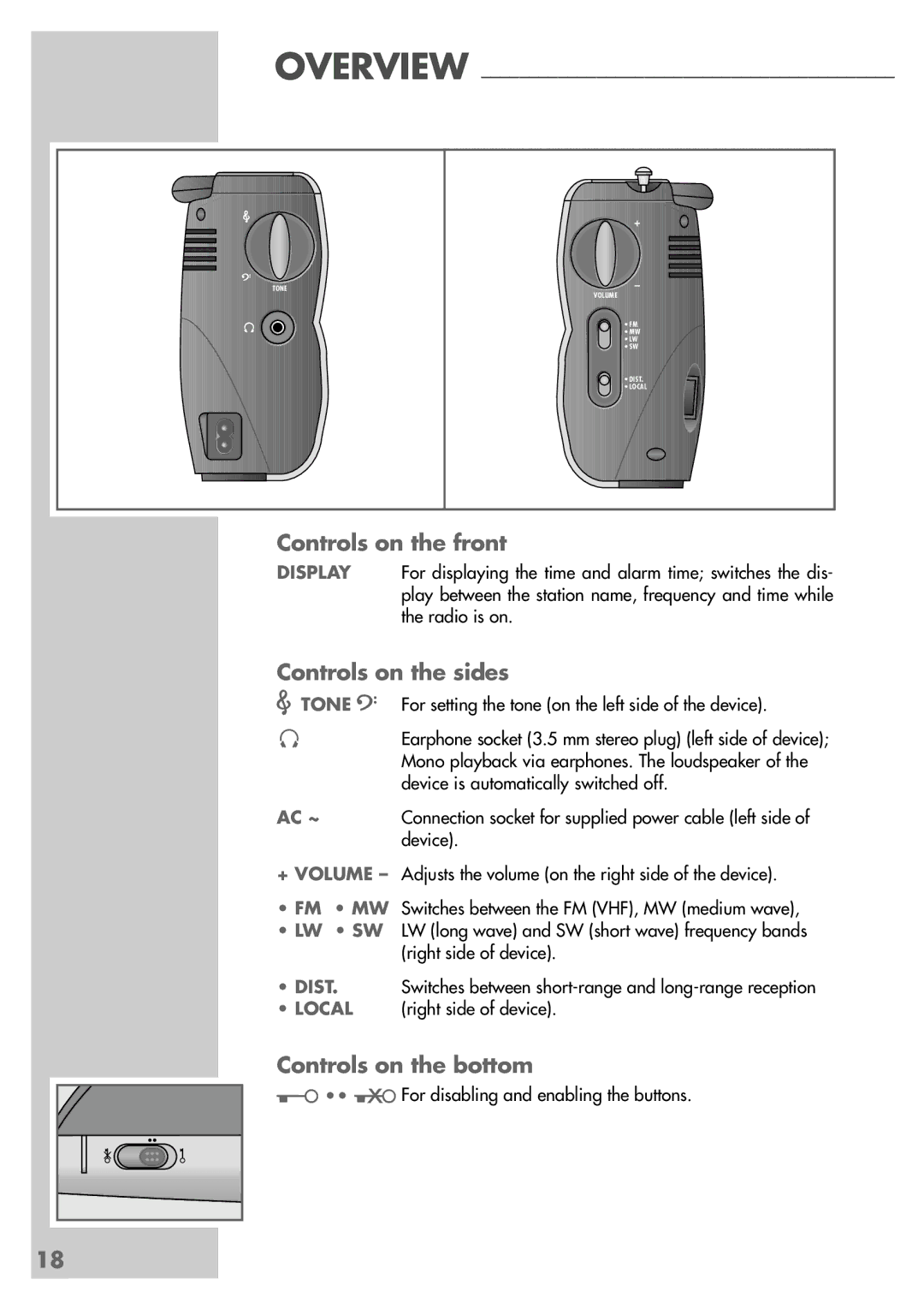 Grundig Music Boy 71 manual Controls on the front, Controls on the sides, Controls on the bottom, Ac ~ 