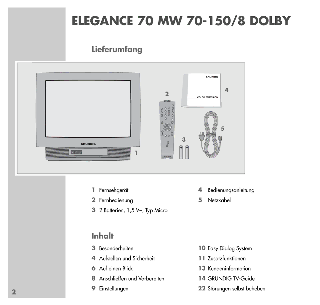 Grundig MW70-150/8 DOLBY manual Lieferumfang, Inhalt, Fernsehgerät, Fernbedienung Netzkabel 