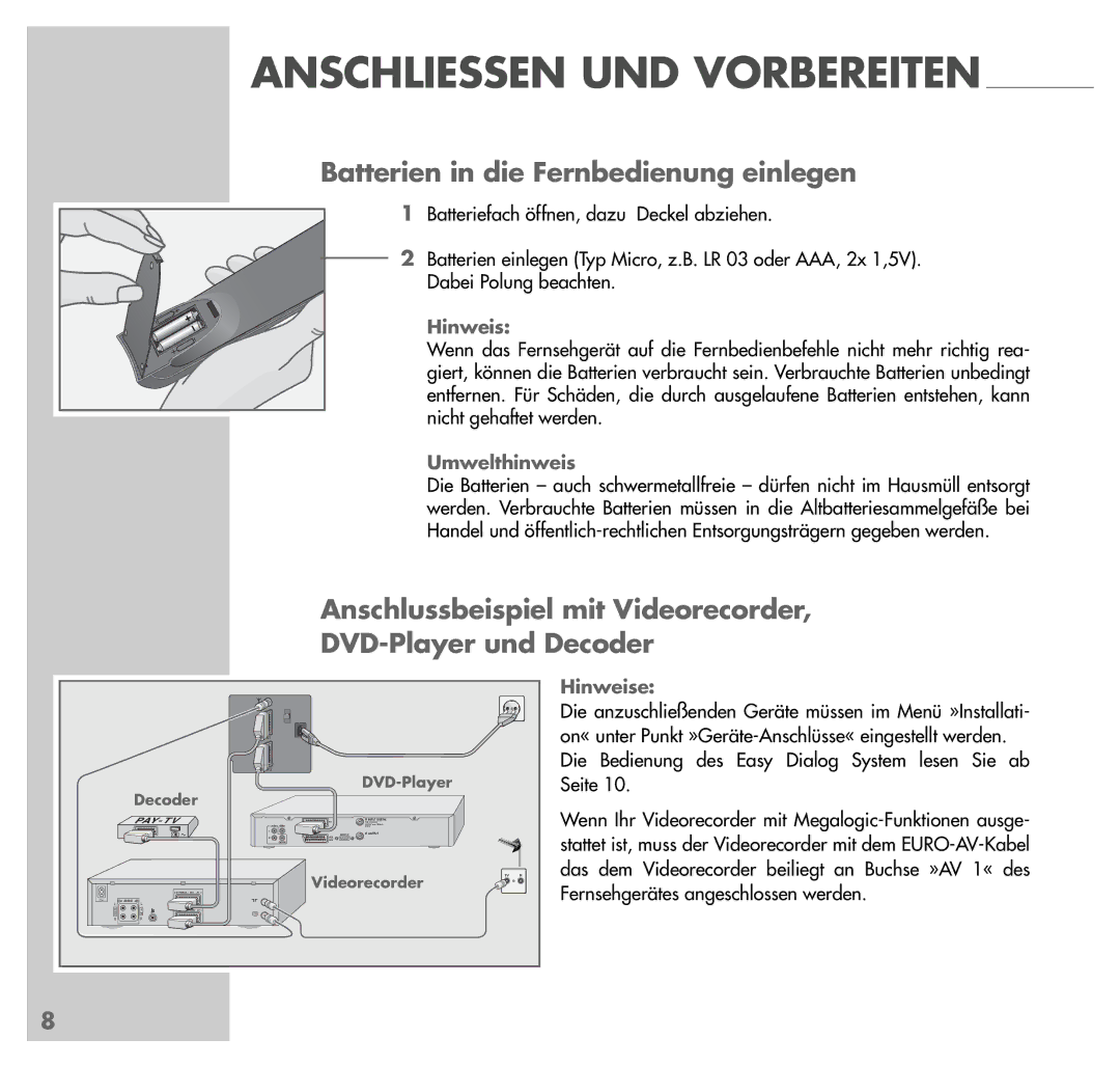 Grundig MW70-150/8 DOLBY manual Batterien in die Fernbedienung einlegen, Umwelthinweis, Hinweise 