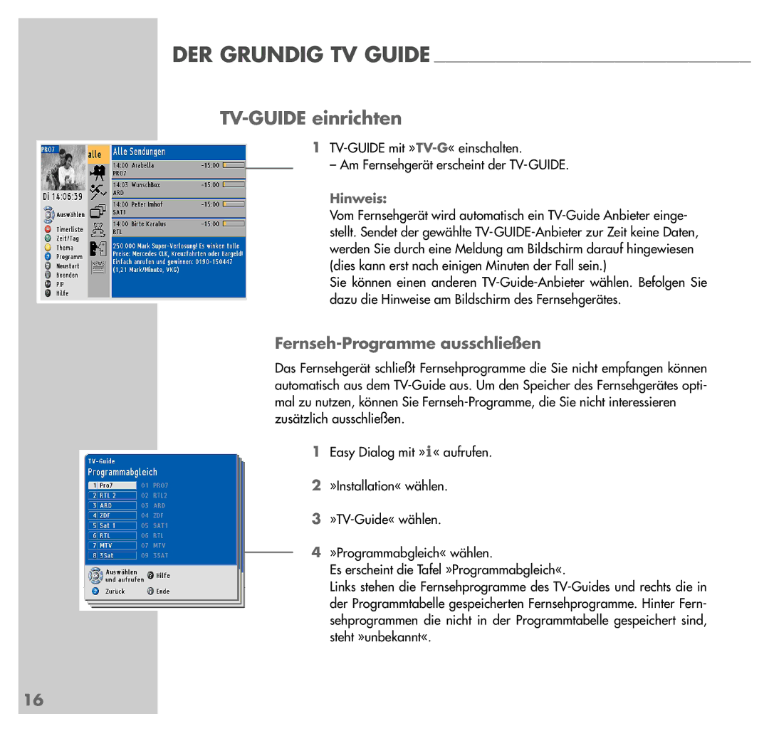 Grundig MW82-150B manual TV-GUIDE einrichten, Fernseh-Programme ausschließen 