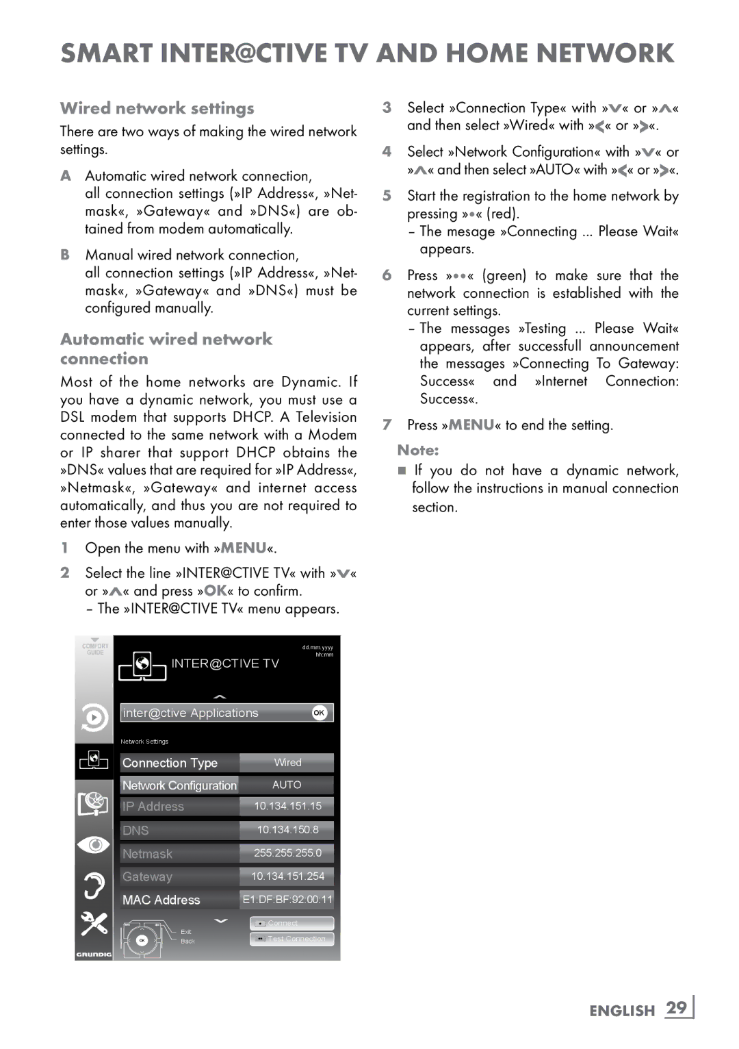 Grundig New York 32 CLE 9130 SL manual Wired network settings, Automatic wired network ­ connection, English ­29 