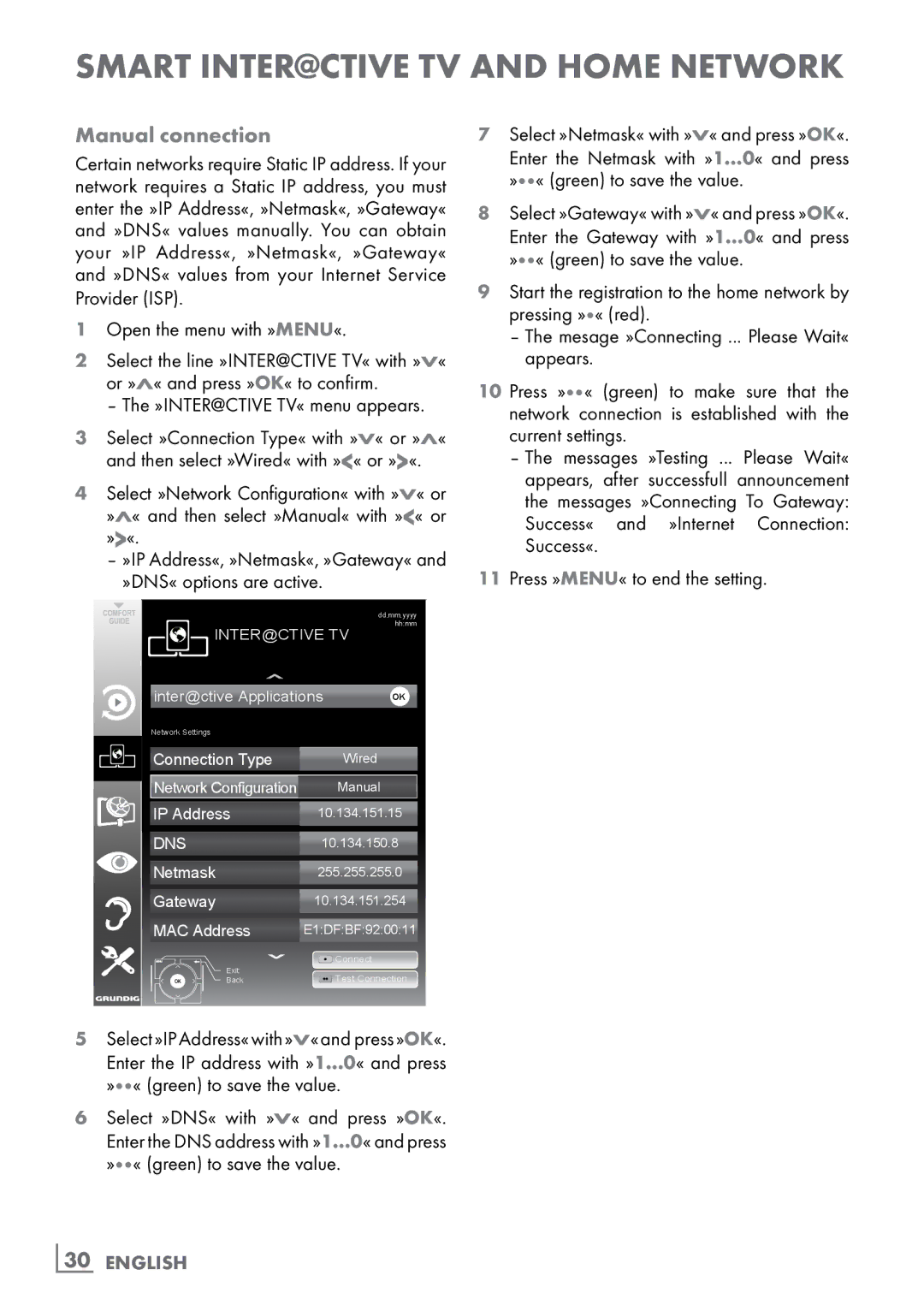 Grundig New York 32 CLE 9130 SL manual Manual connection, »DNS« options are active, ­30 English 