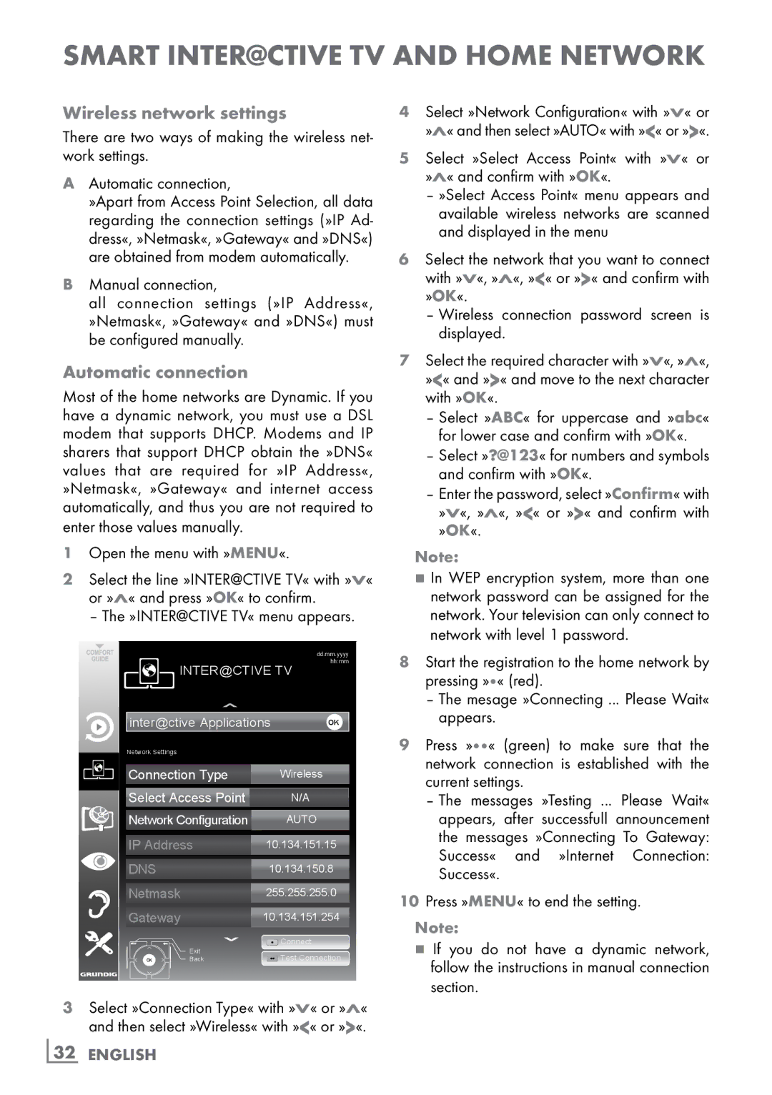 Grundig New York 32 CLE 9130 SL manual Wireless network settings, Automatic connection, ­32 English 