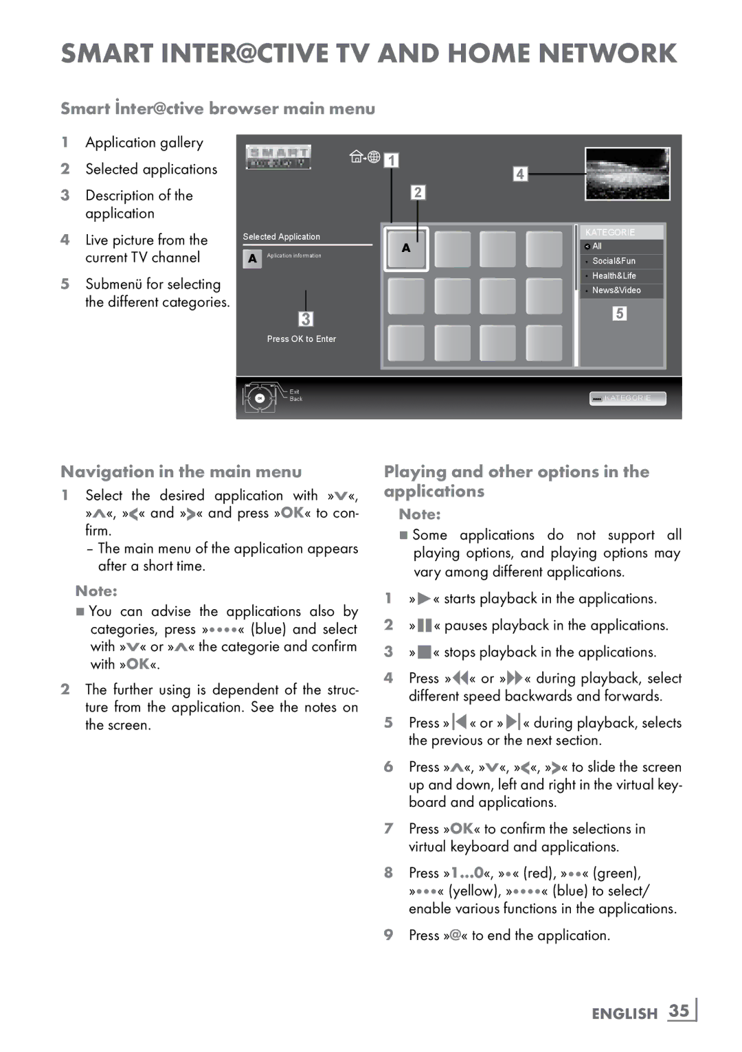 Grundig New York 32 CLE 9130 SL manual Smart İnter@ctive browser main menu, Navigation in the main menu, English ­35 