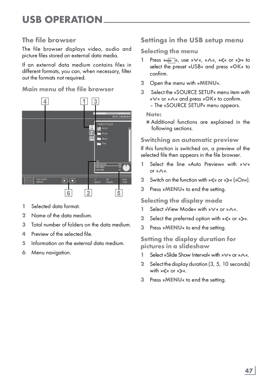 Grundig New York 32 CLE 9130 SL manual File browser, Settings in the USB setup menu, Main menu of the file browser 