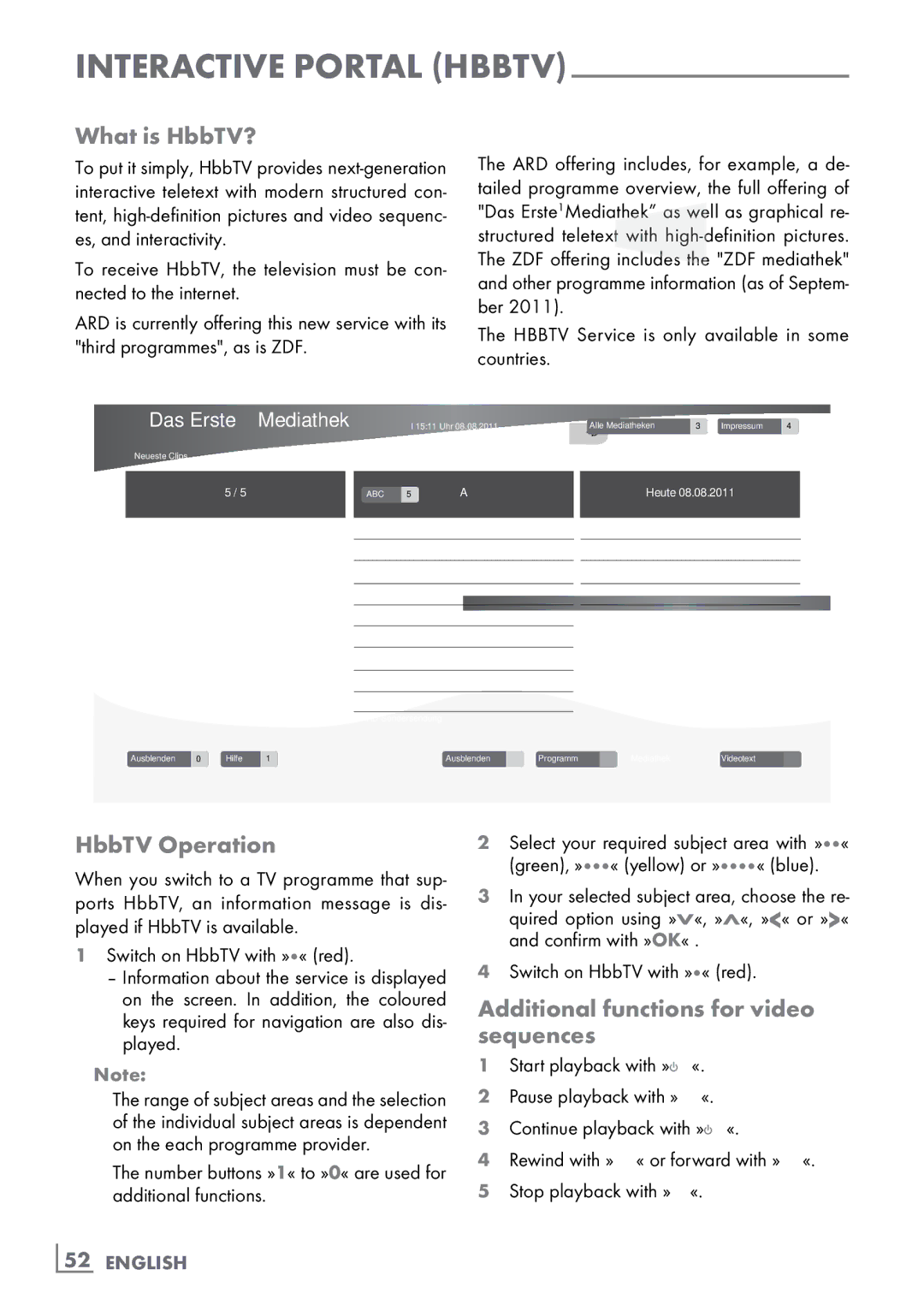 Grundig New York 32 CLE 9130 SL What is HbbTV?, HbbTV Operation, Additional functions for video sequences, ­52 English 