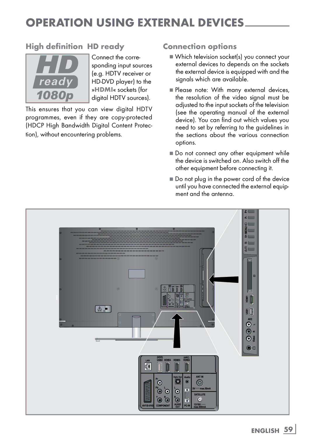 Grundig New York 32 CLE 9130 SL manual High definition ­HD ready Connection options, English ­59 