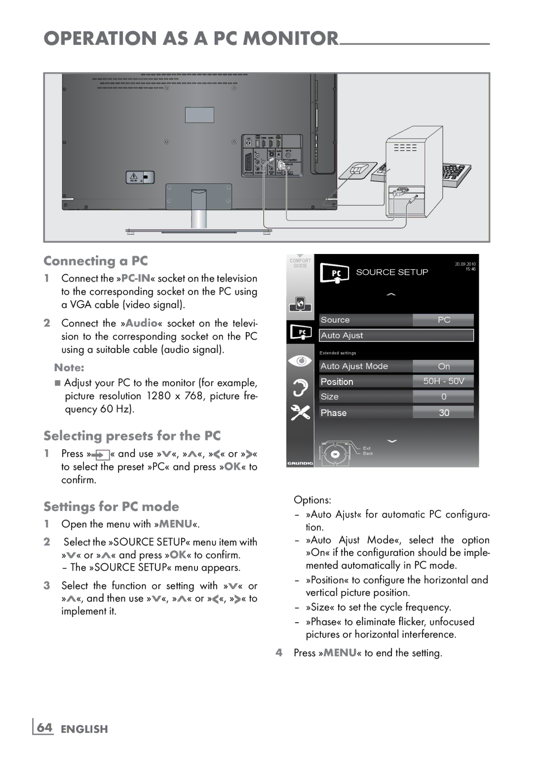 Grundig New York 32 CLE 9130 SL manual Connecting a PC, Selecting presets for the PC, Settings for PC mode, ­64 English 