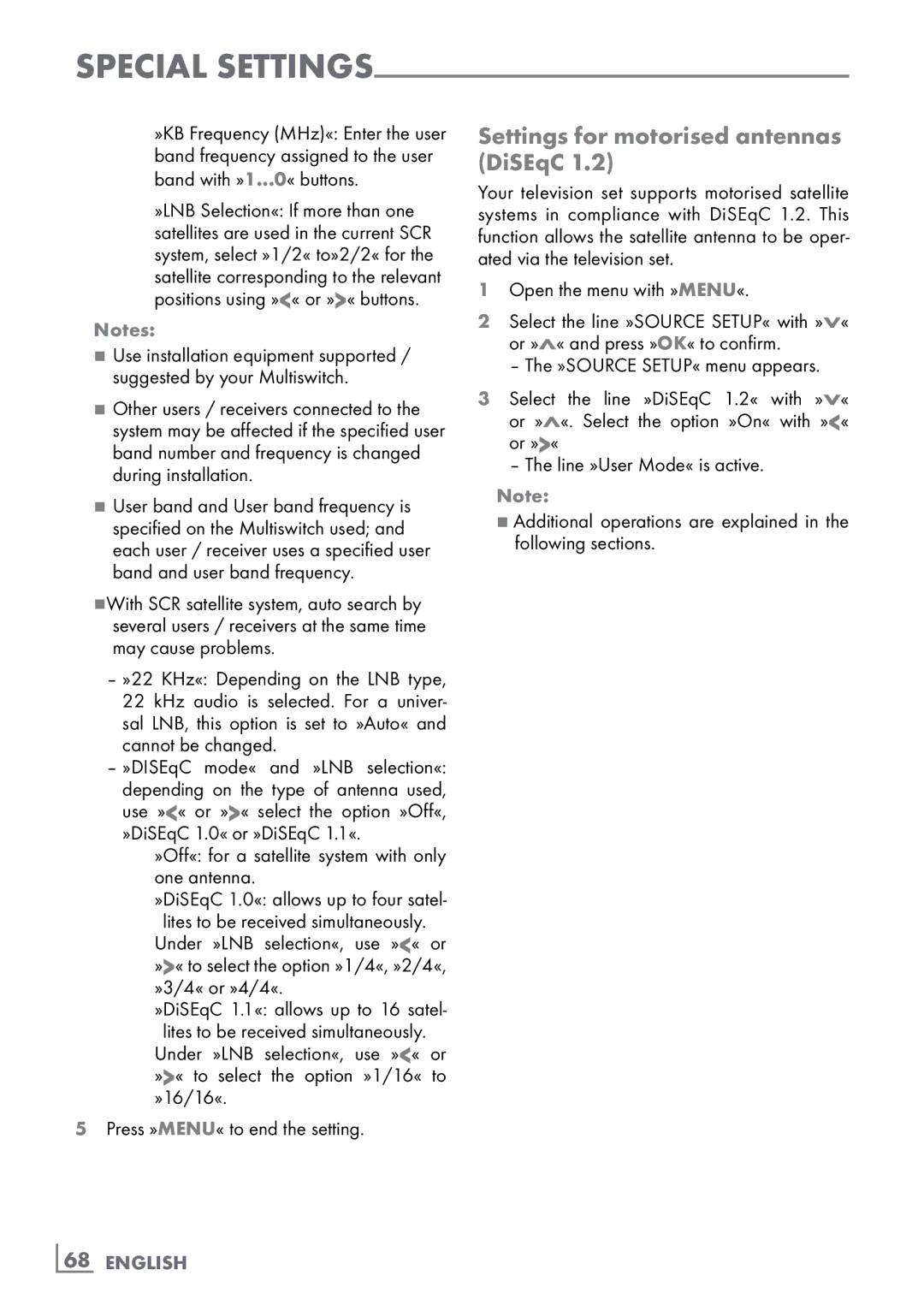 Grundig New York 32 CLE 9130 SL manual Settings for motorised antennas DiSEqC, Cannot­ be changed, ­68 English 