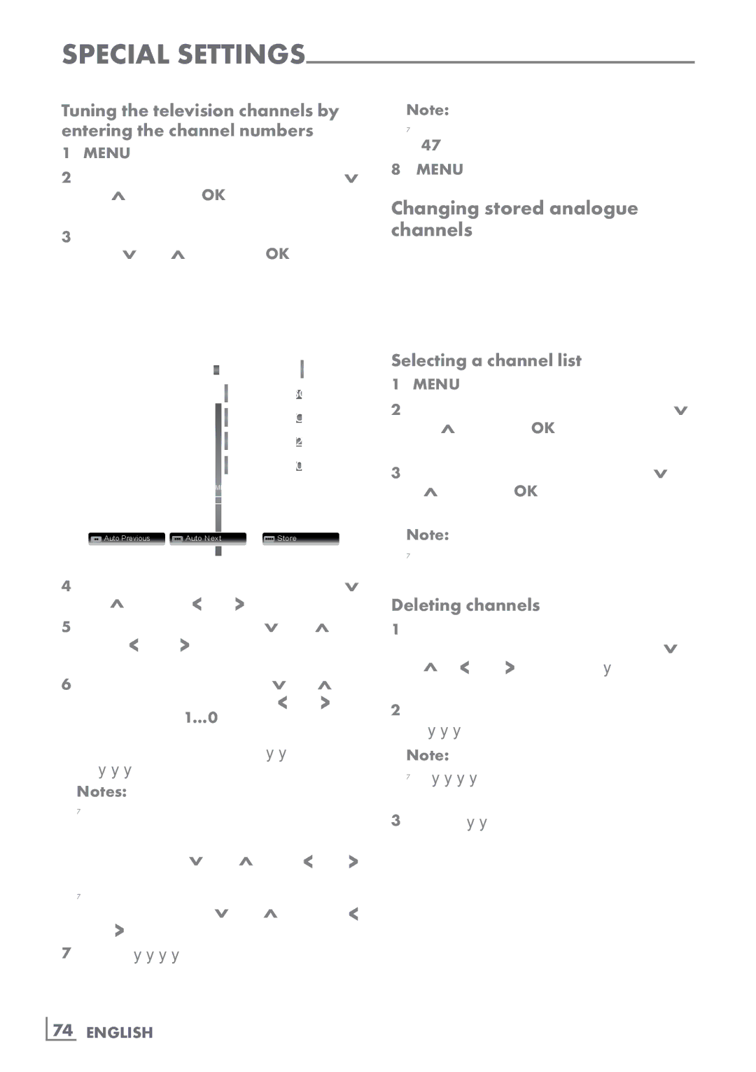 Grundig New York 32 CLE 9130 SL manual Changing stored analogue channels­, Selecting a channel list, ­74 English 