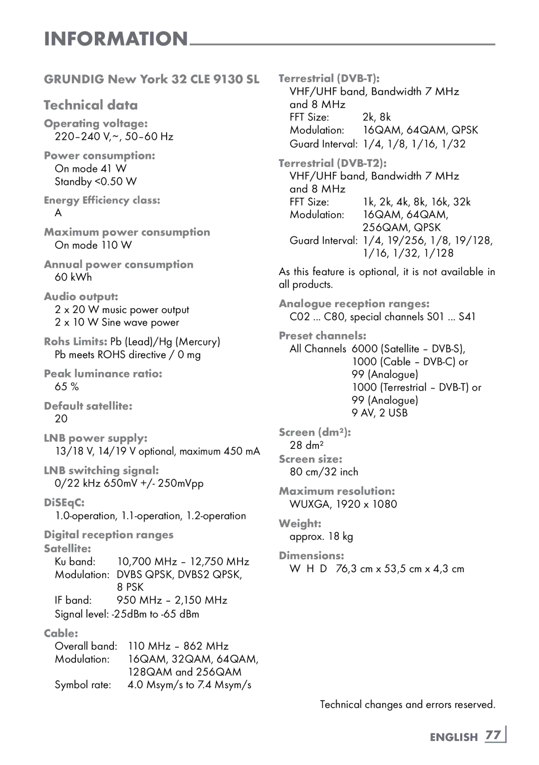 Grundig manual Technical data, Grundig New York 32 CLE 9130 SL, English ­77 