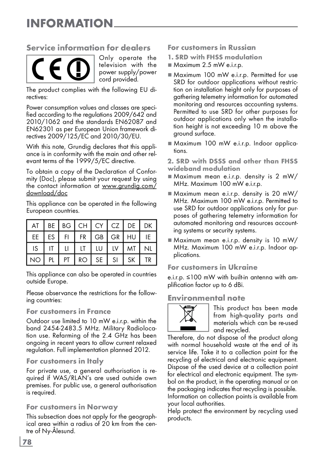 Grundig New York 32 CLE 9130 SL manual Service information for dealers, Environmental note 