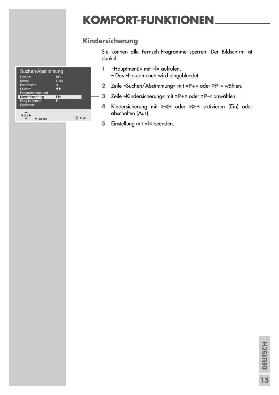 Grundig P37-4501 manual Kindersicherung, Komfort-Funktionen, Deutsch, Suchen/Abstimmung 