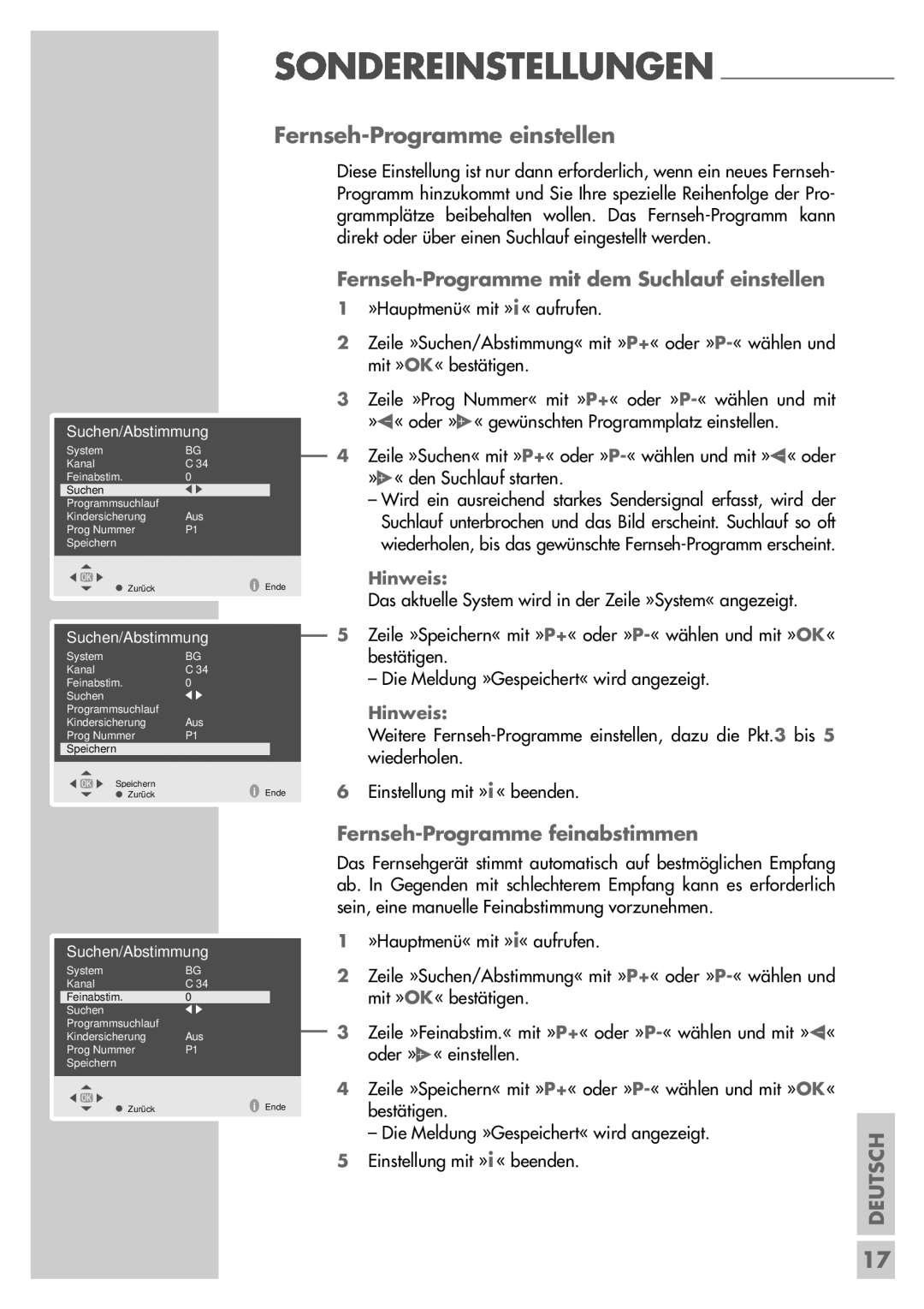 Grundig P37-4501 Sondereinstellungen, Fernseh-Programme einstellen, Fernseh-Programme mit dem Suchlauf einstellen, Hinweis 