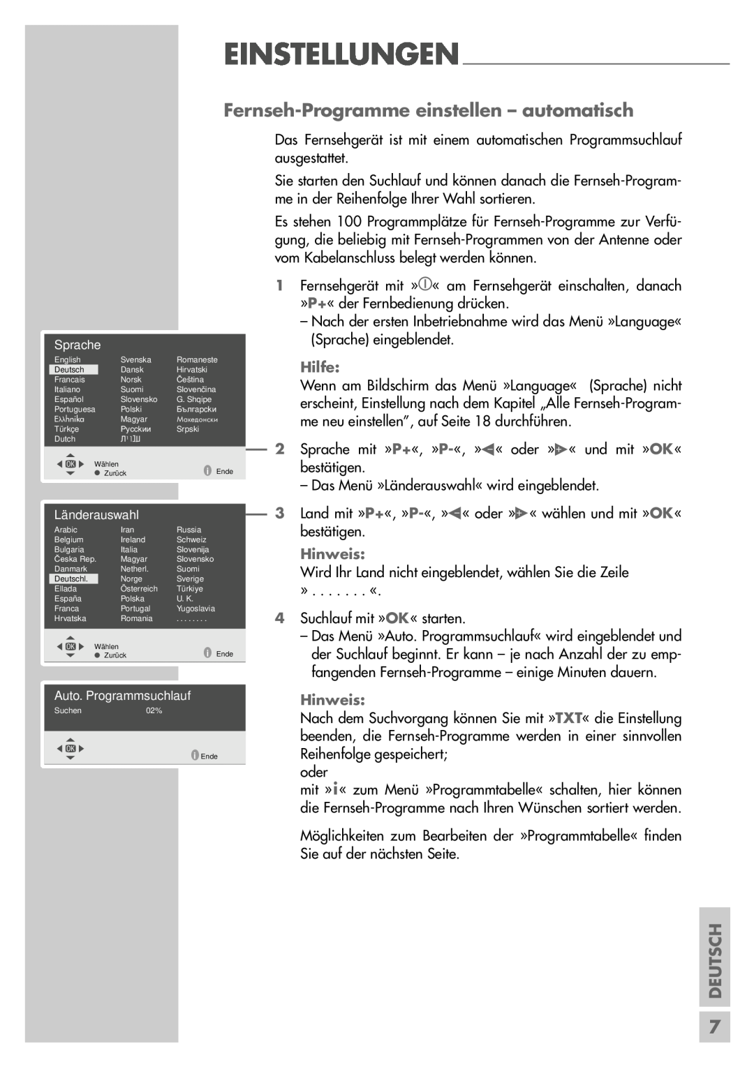 Grundig P37-4501 manual Fernseh-Programme einstellen - automatisch, Einstellungen, Hilfe, Deutsch, Hinweis 