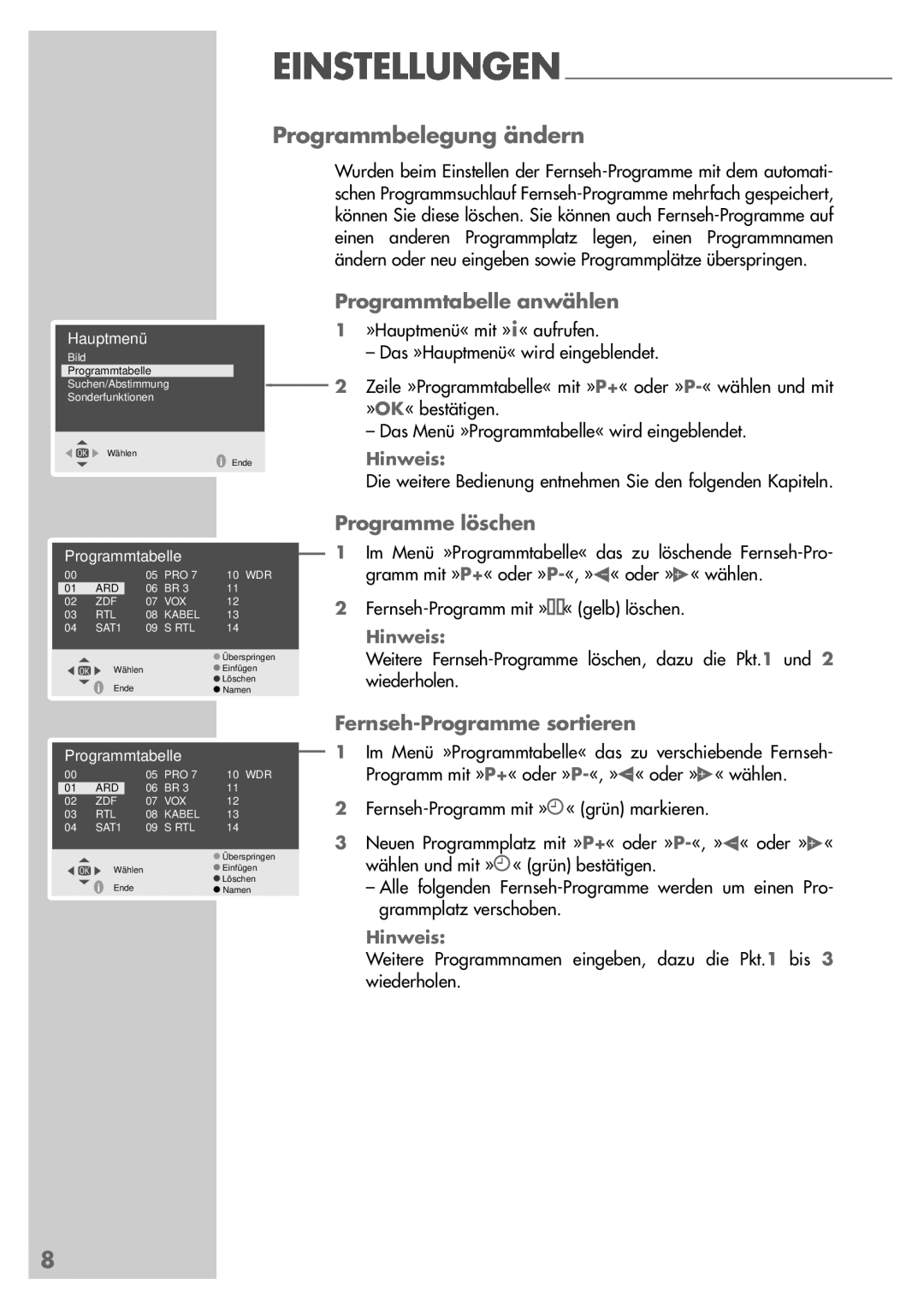Grundig P37-4501 manual Programmbelegung ändern, Programmtabelle anwählen, Programme löschen, Fernseh-Programme sortieren 