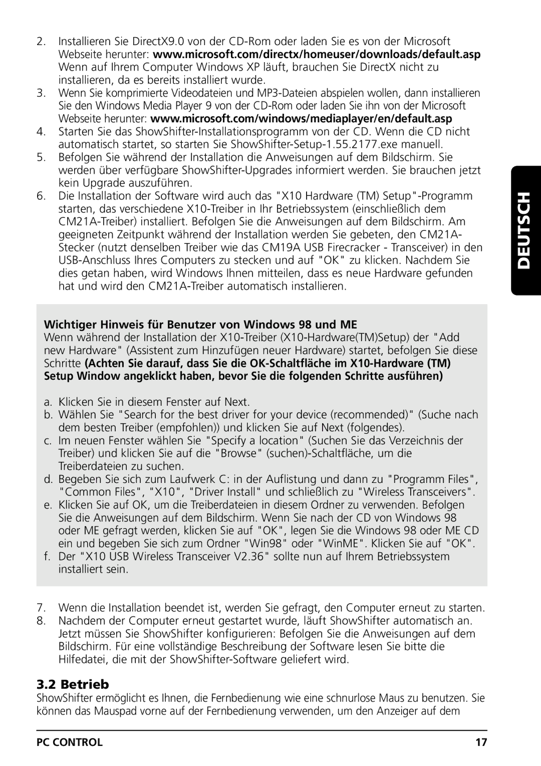 Grundig PC CONTROL owner manual Betrieb, Wichtiger Hinweis für Benutzer von Windows 98 und ME 