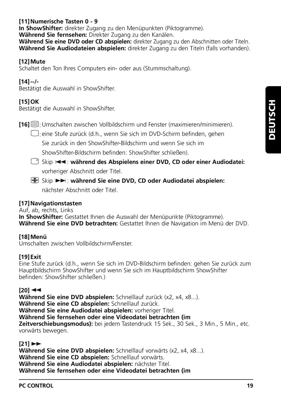 Grundig PC CONTROL owner manual 11Numerische Tasten 0, 18Menü 