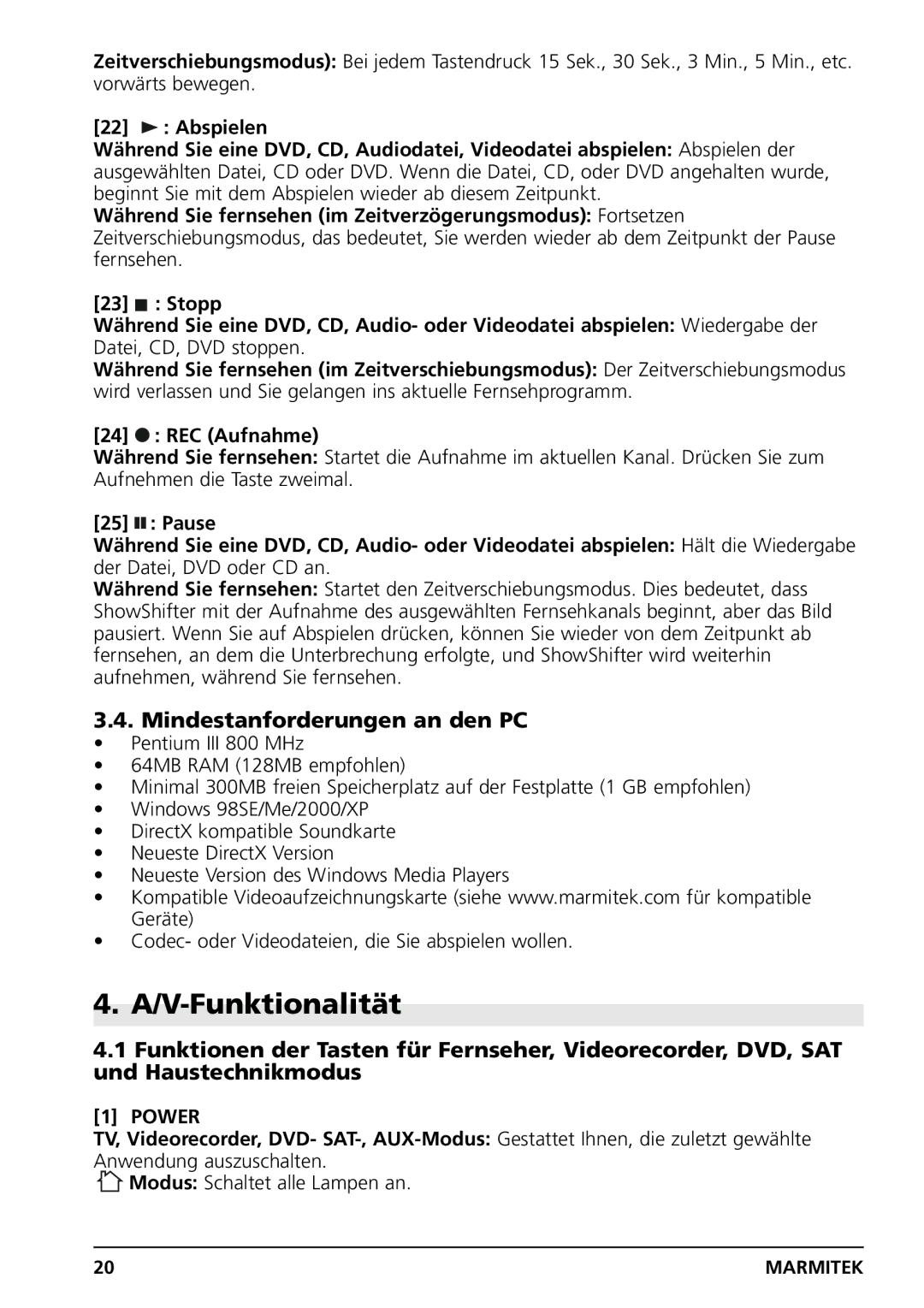 Grundig PC CONTROL owner manual V-Funktionalität, Mindestanforderungen an den PC, REC Aufnahme 