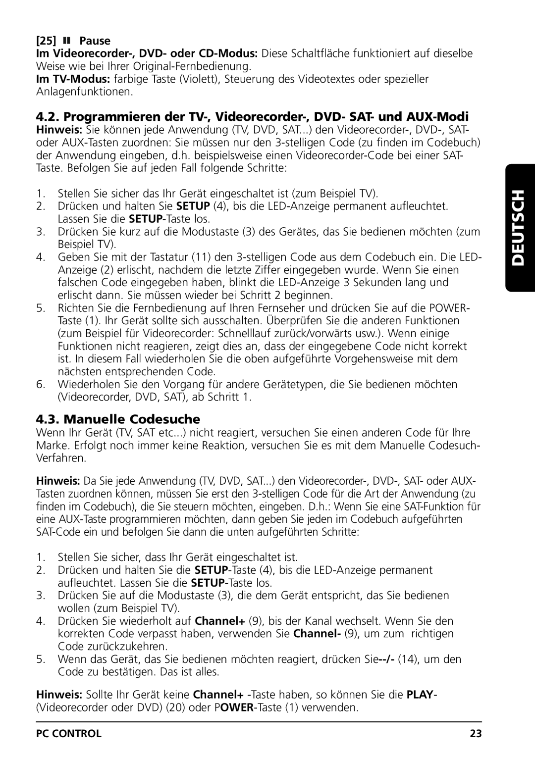 Grundig PC CONTROL owner manual Manuelle Codesuche 