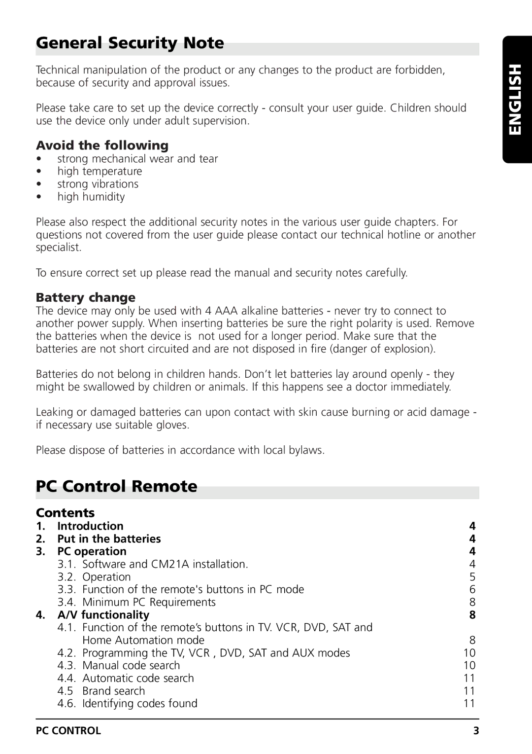 Grundig PC CONTROL owner manual General Security Note, PC Control Remote, Avoid the following, Battery change, Contents 