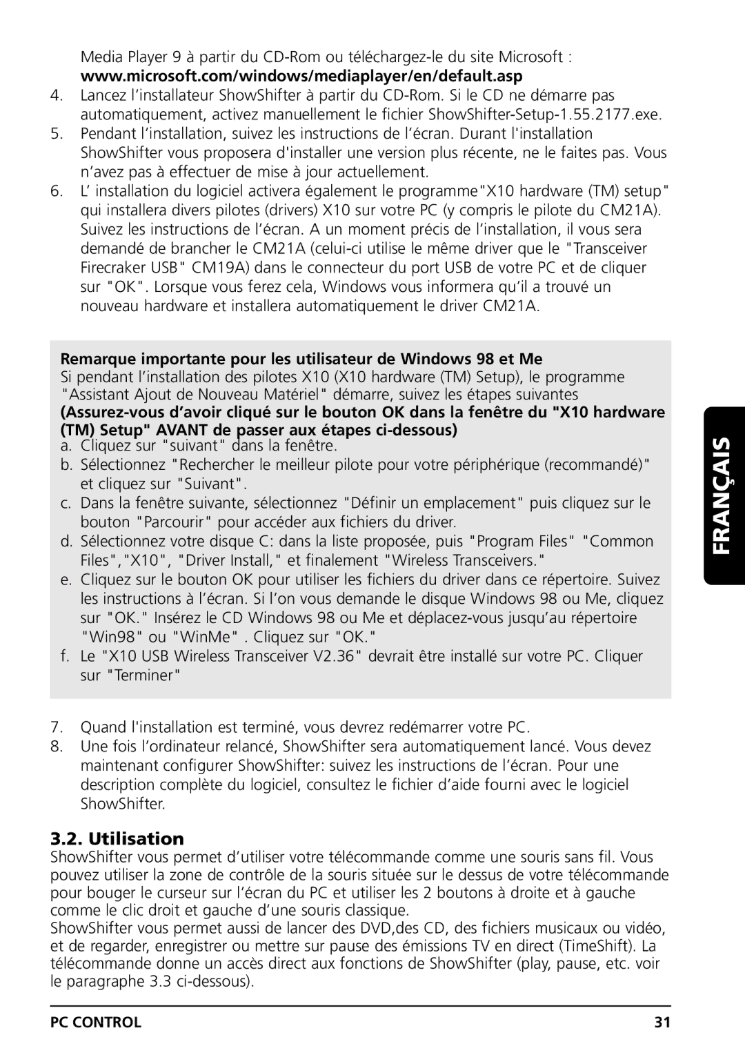 Grundig PC CONTROL owner manual Utilisation, Remarque importante pour les utilisateur de Windows 98 et Me 