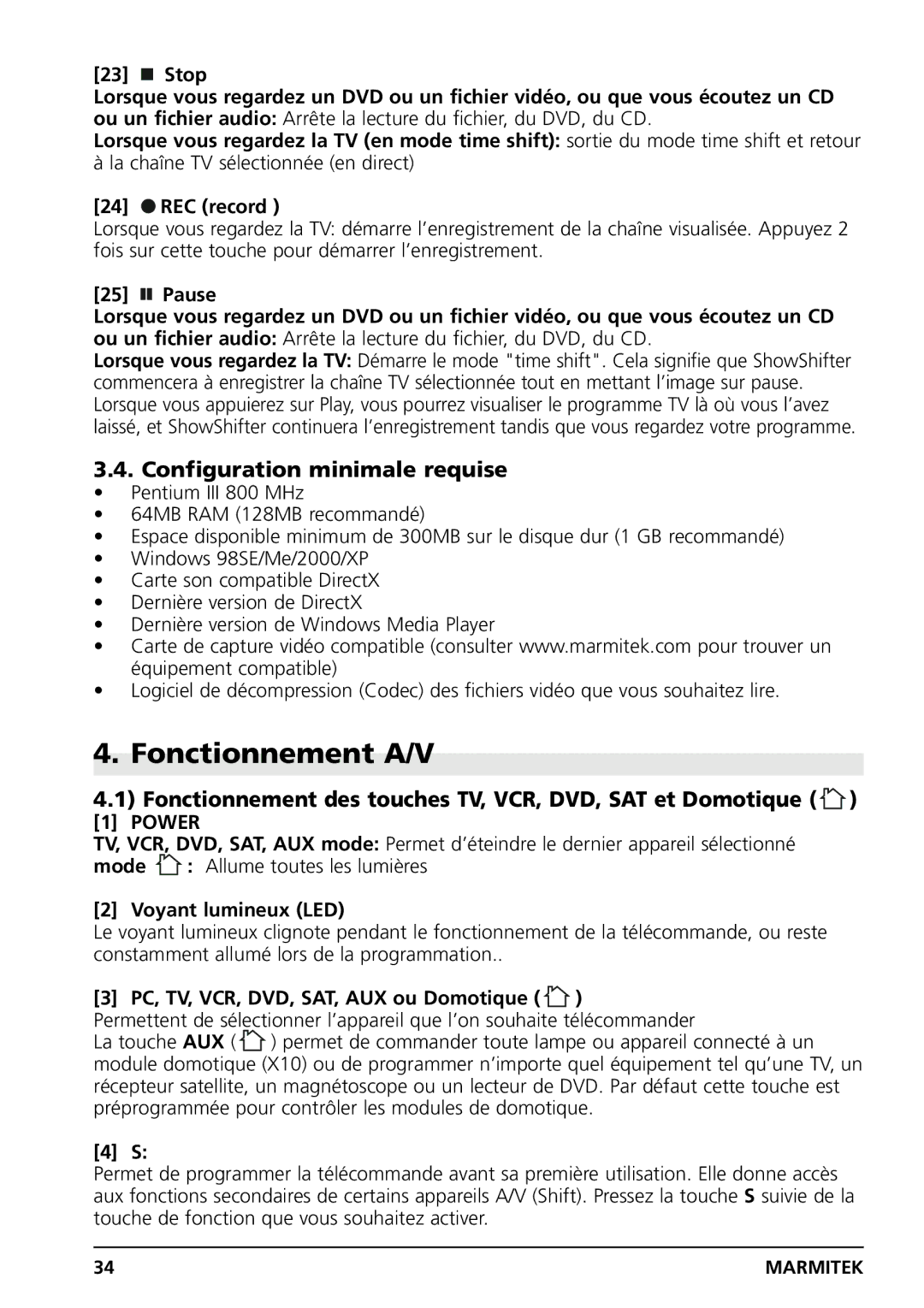 Grundig PC CONTROL owner manual Fonctionnement A/V, Configuration minimale requise, Voyant lumineux LED 