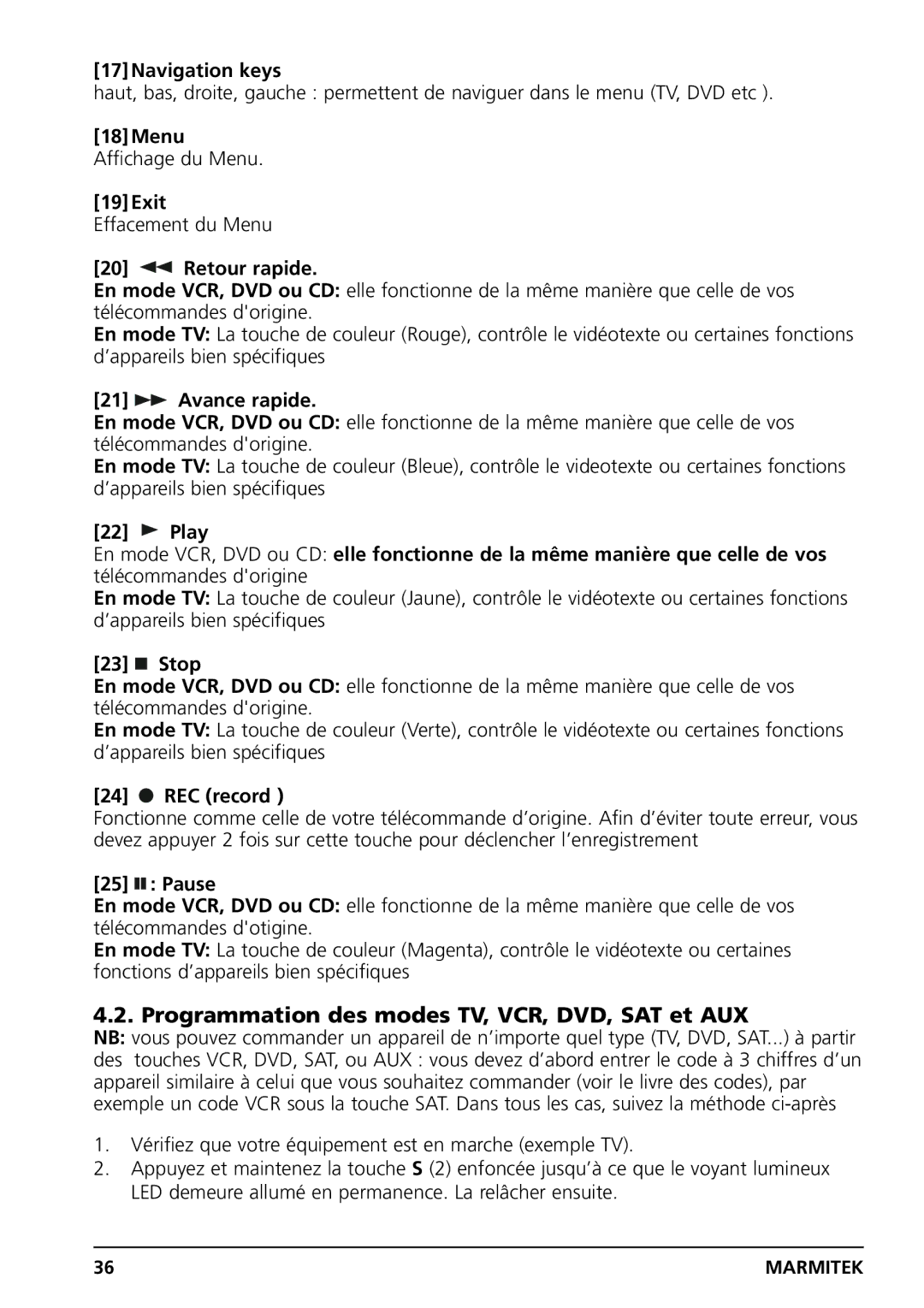 Grundig PC CONTROL Programmation des modes TV, VCR, DVD, SAT et AUX, 18Menu Affichage du Menu 19Exit, Retour rapide 