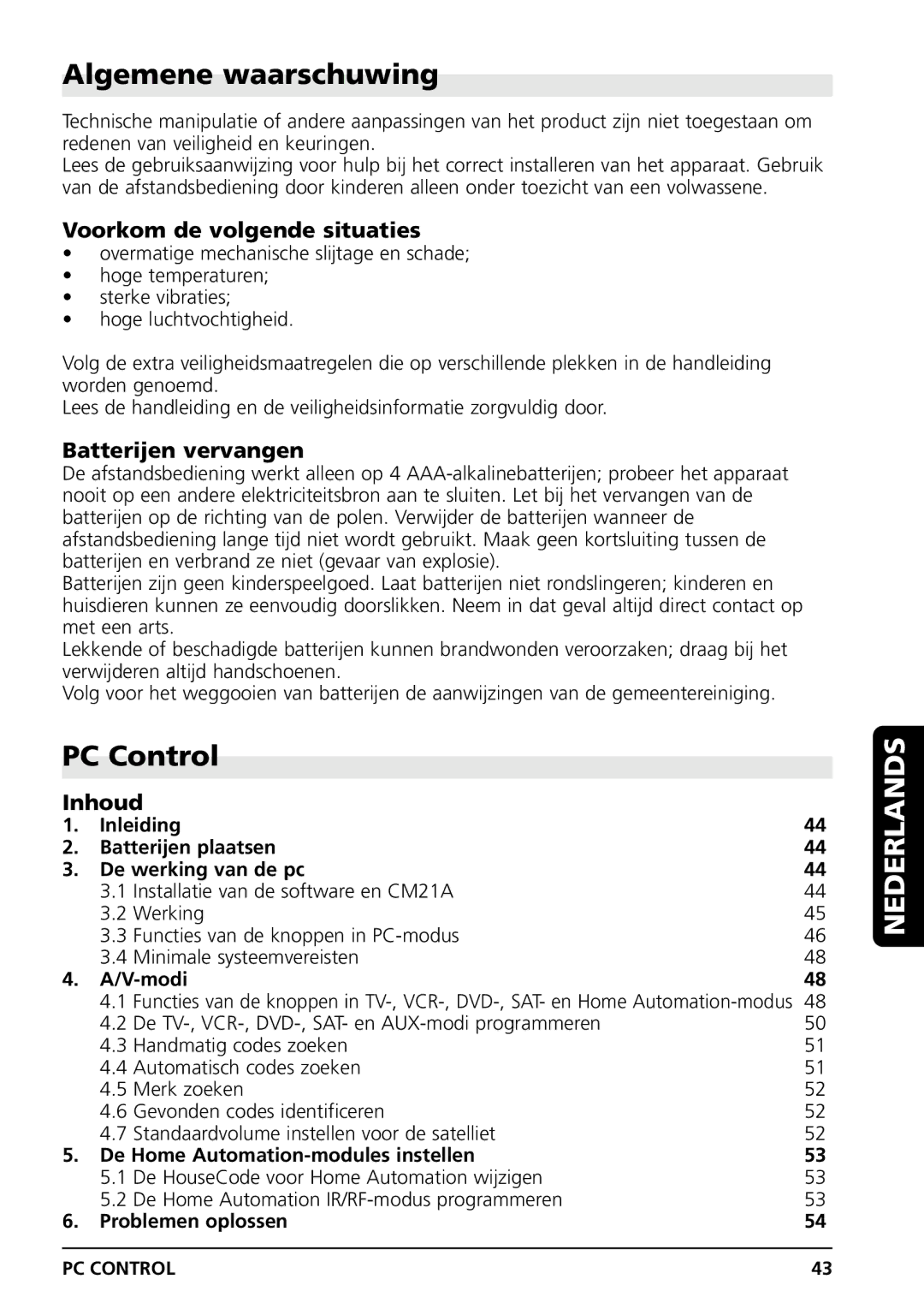 Grundig PC CONTROL Algemene waarschuwing, PC Control, Voorkom de volgende situaties, Batterijen vervangen, Inhoud 