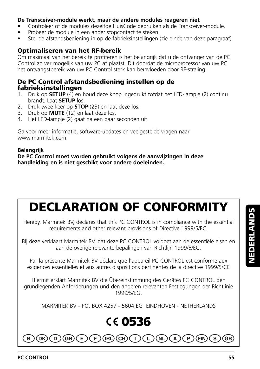 Grundig PC CONTROL owner manual Declaration of Conformity, Optimaliseren van het RF-bereik 