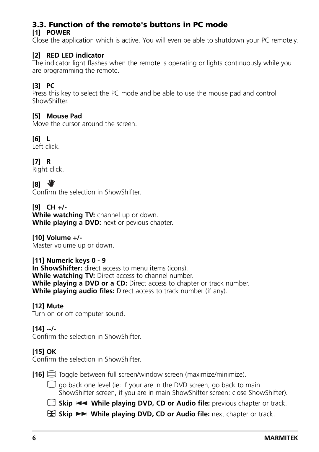 Grundig PC CONTROL owner manual Function of the remotes buttons in PC mode 1 Power 