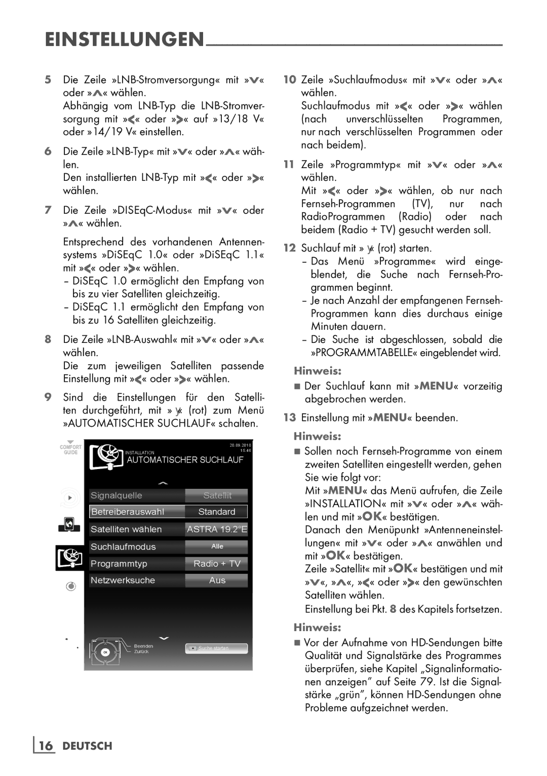 Grundig Rom 32 CLE 8130 BL manual Die Zeile »LNB-Stromversorgung« mit »V« oder »Λ« wählen, 16­ Deutsch 