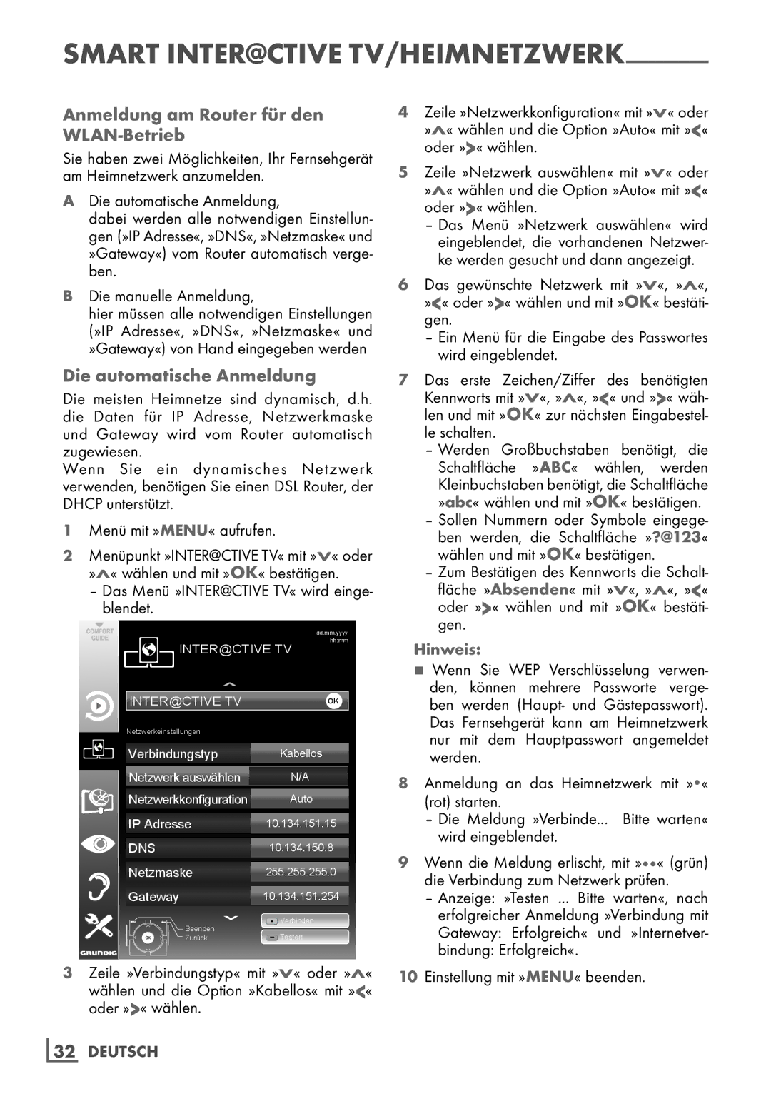 Grundig Rom 32 CLE 8130 BL manual Anmeldung am Router für den WLAN-Betrieb, Die automatische Anmeldung, 32­ Deutsch, Gen 